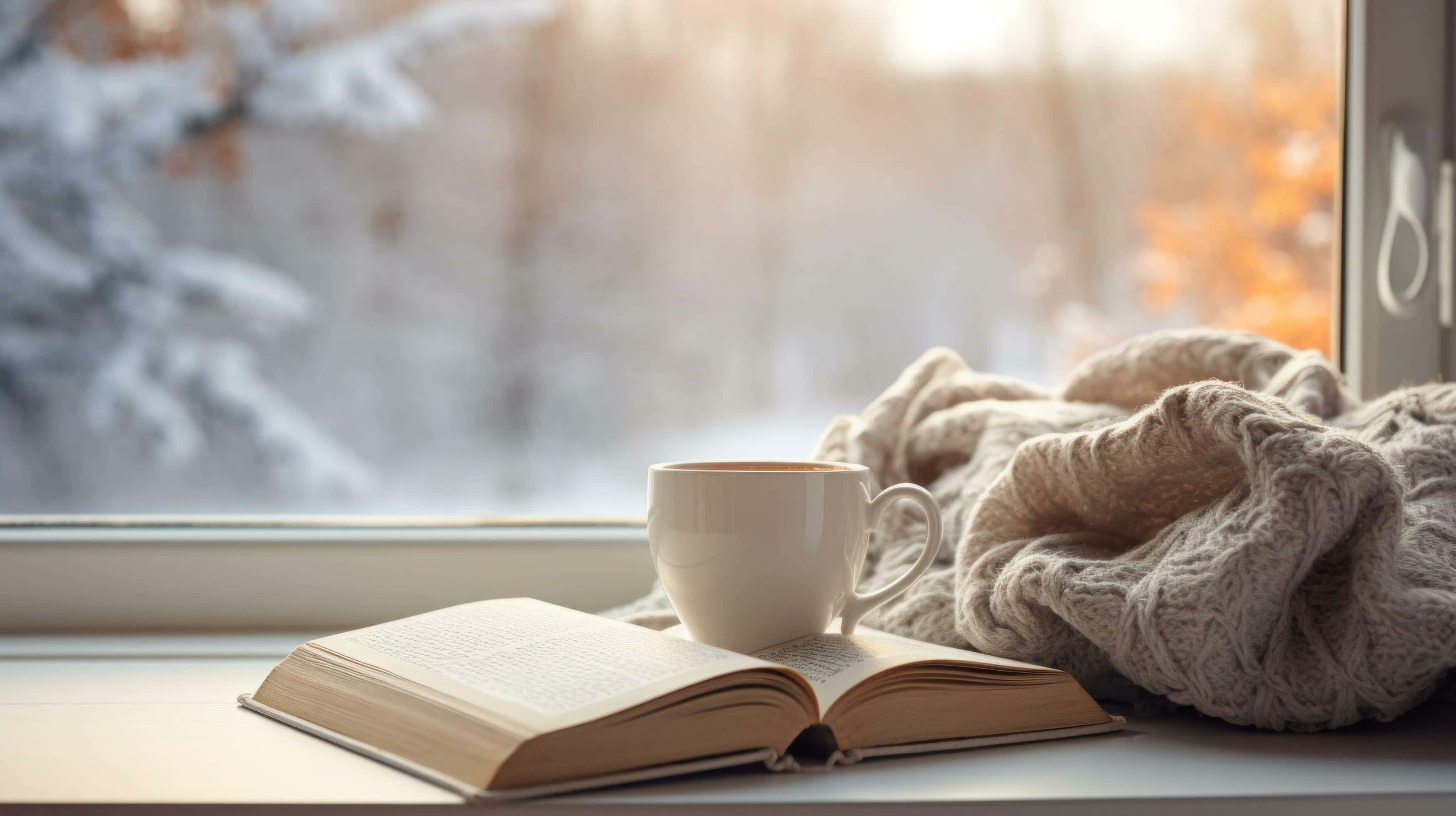 steaming white mug, open book, cozy knit blanket, 2K Desktop Wallpaper