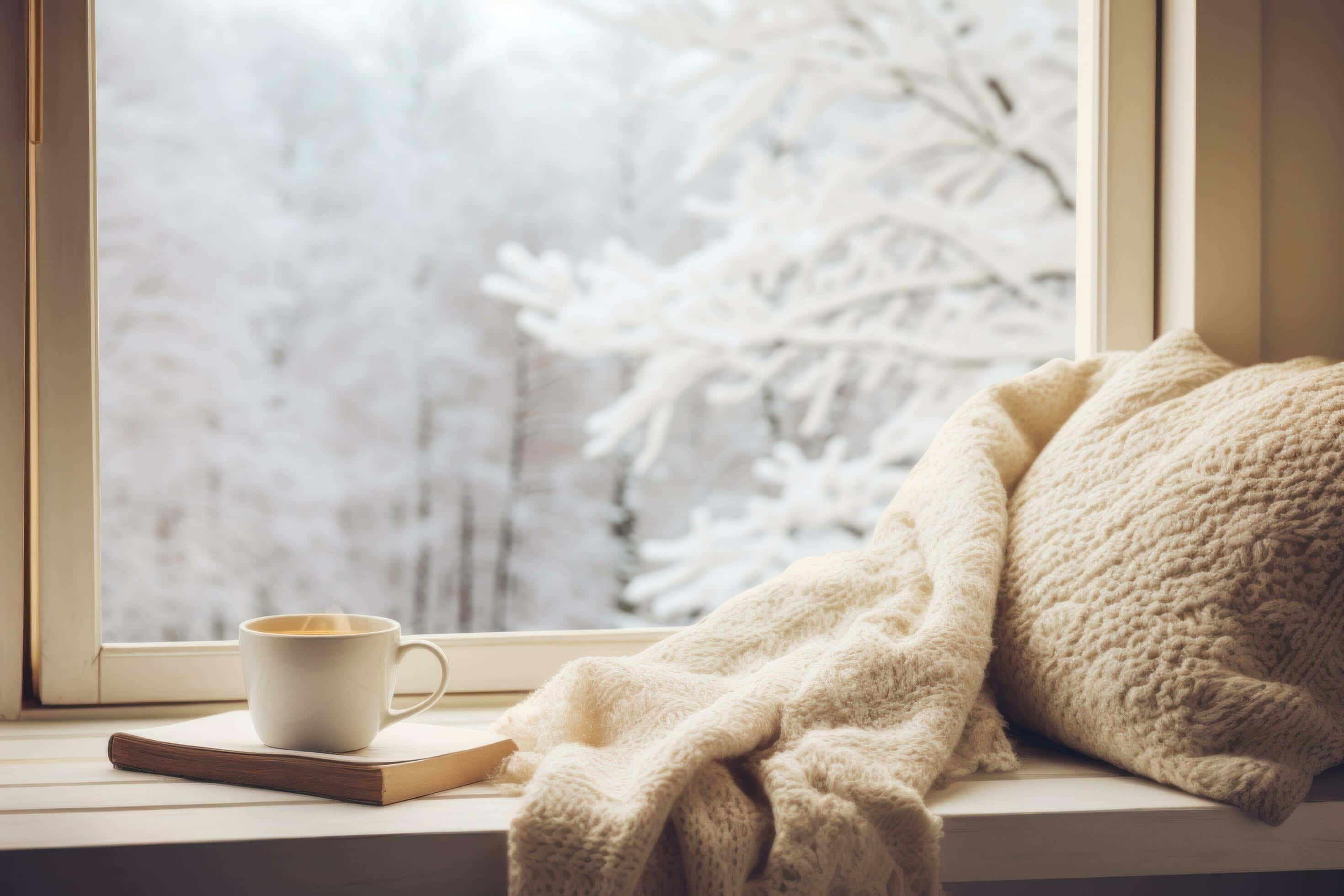 cozy cream knit blanket, mug rest, windowsill, 2K Desktop Wallpaper