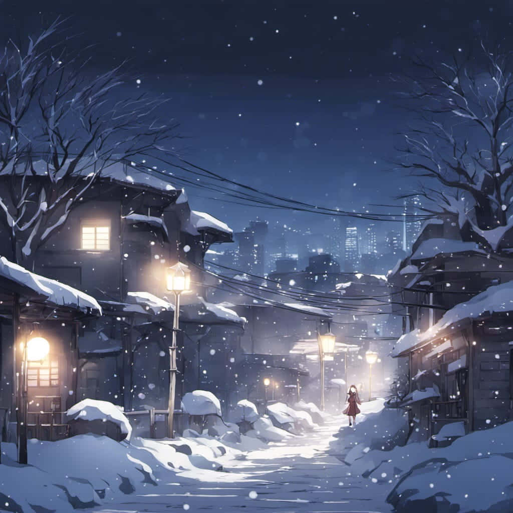 red coat, snow-covered alleyway, night, SD Desktop Wallpaper