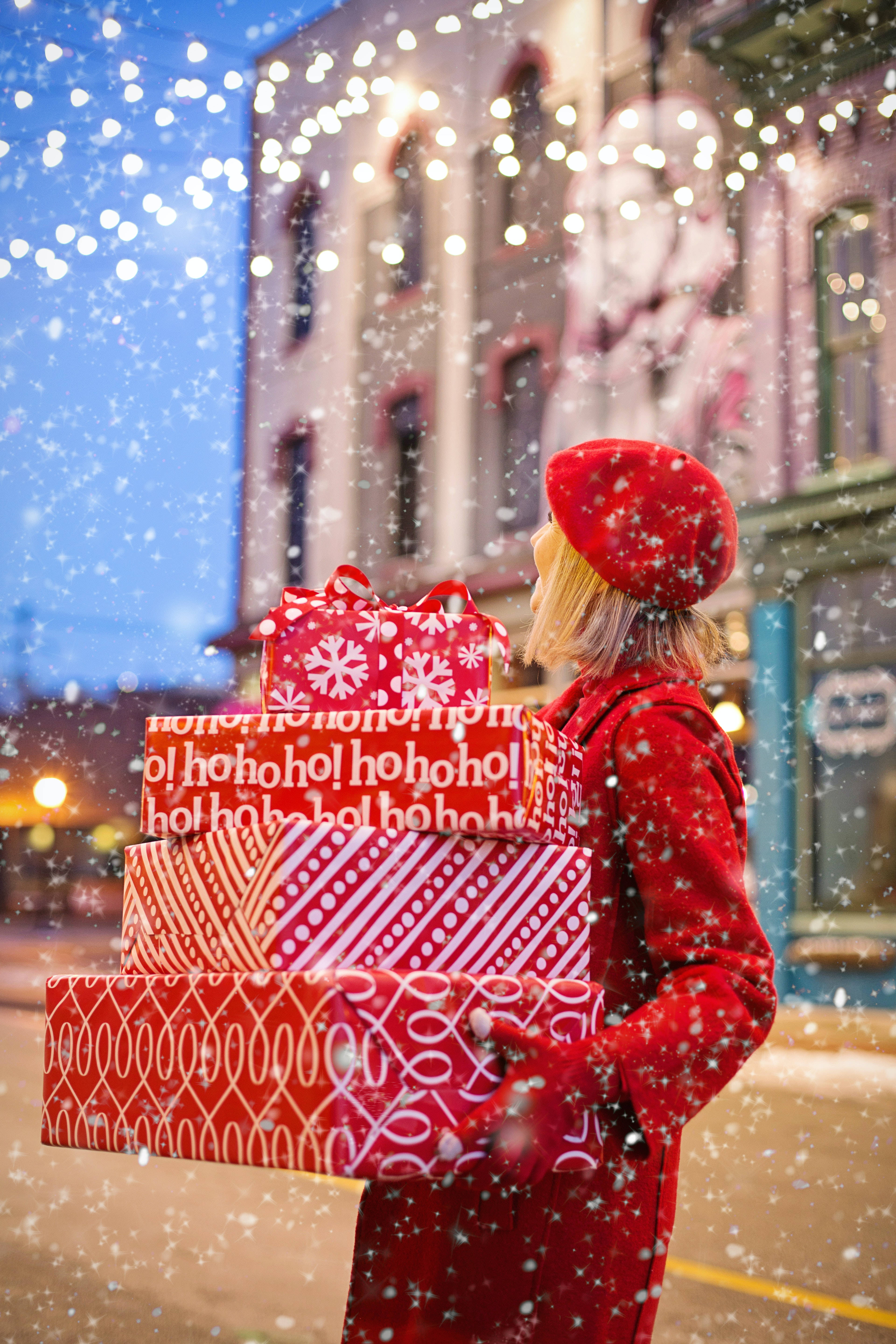 Snowy Christmas, red coat, beret, 5K Phone Wallpaper
