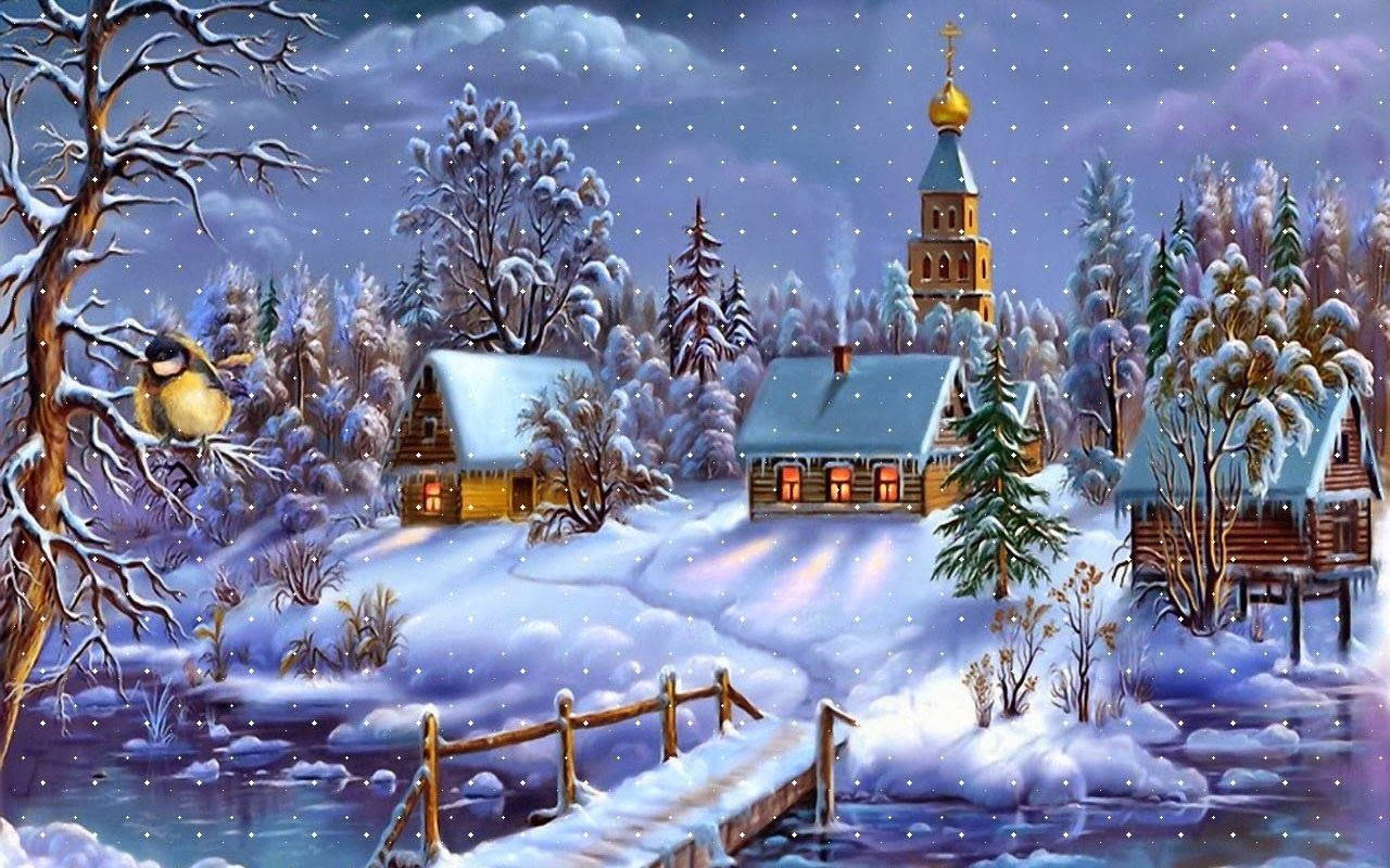 Snowy Christmas, quiet village, night, HD Desktop Wallpaper