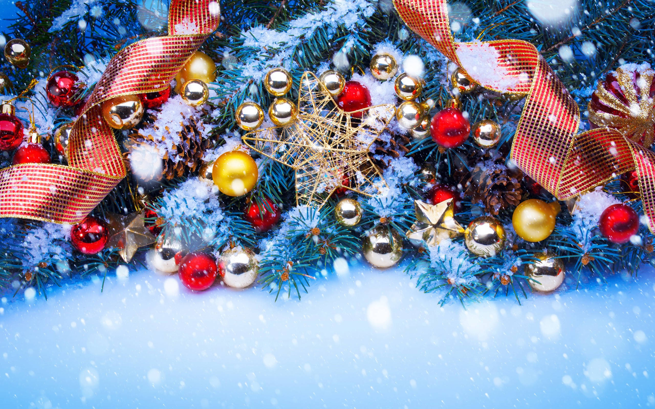 Snowy Christmas, fir branches, red gold ornaments, 2K Desktop Wallpaper