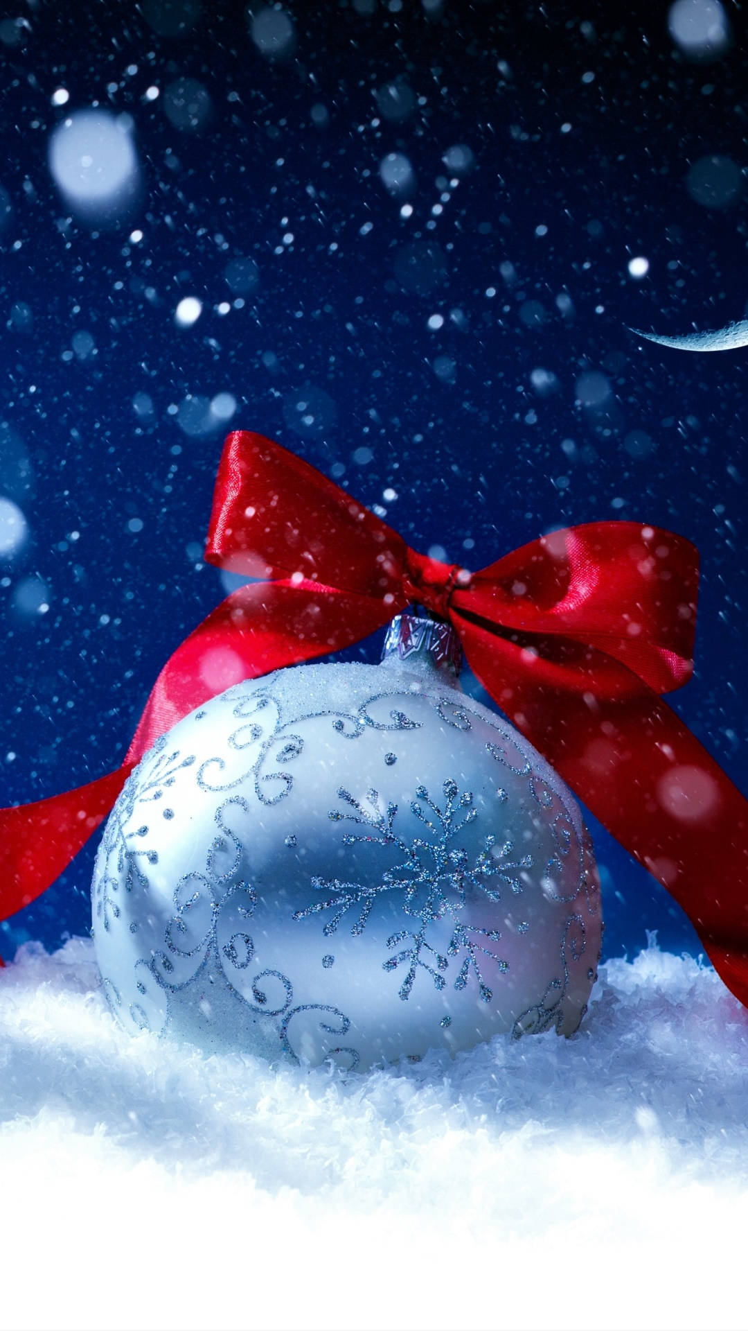 snowy christmas, silver snowflake ornament, red bow, Full HD Phone Wallpaper