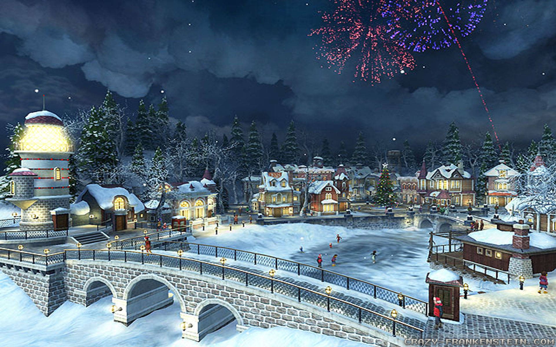 snowy Christmas, winter village, glowing houses, Full HD Desktop Wallpaper