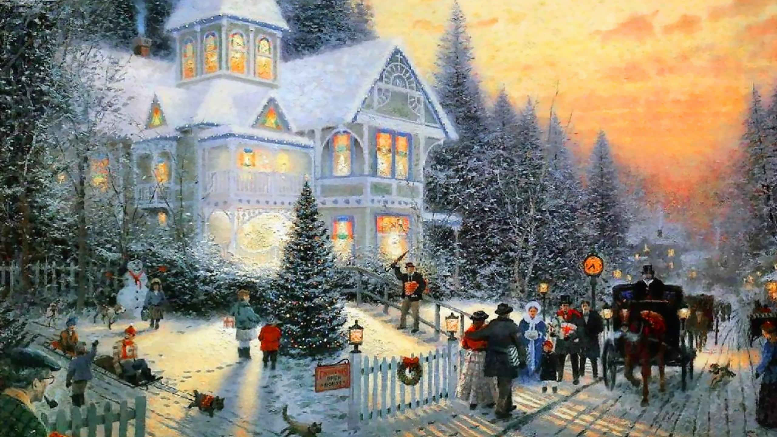 Victorian house, snowy village, dusk, 2K Desktop Wallpaper
