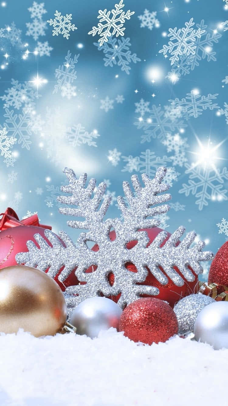 blue christmas, shiny red gold and silver Christmas ornaments, snowy background, HD Phone Wallpaper