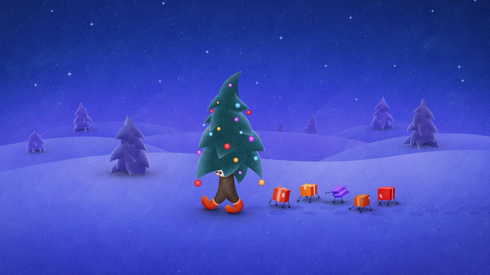 Christmas tree, snowy field, starry night sky, HD Desktop Wallpaper