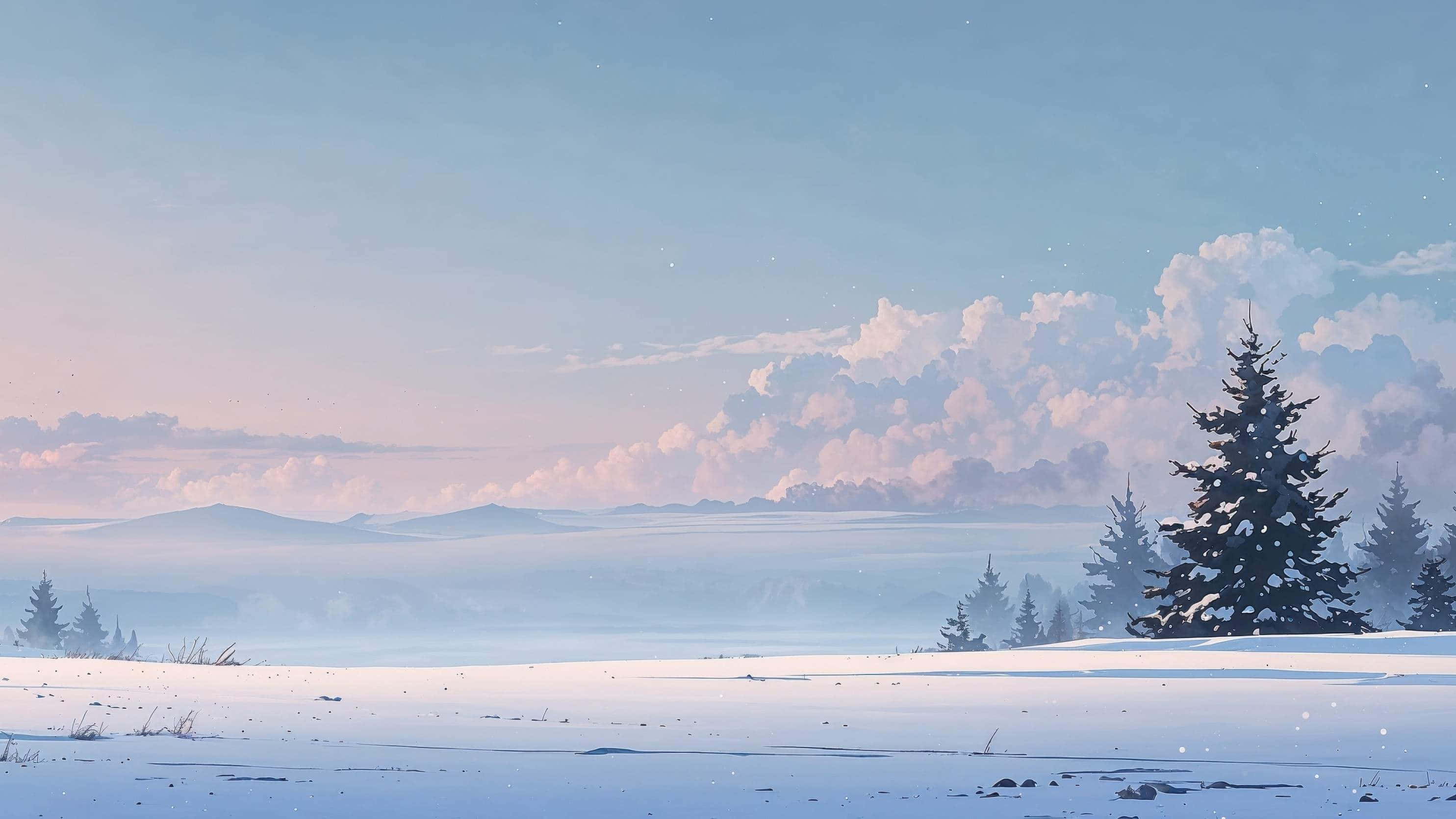 Christmas Snowy Landscape, snow-covered ground, pine trees, 2K Desktop Wallpaper