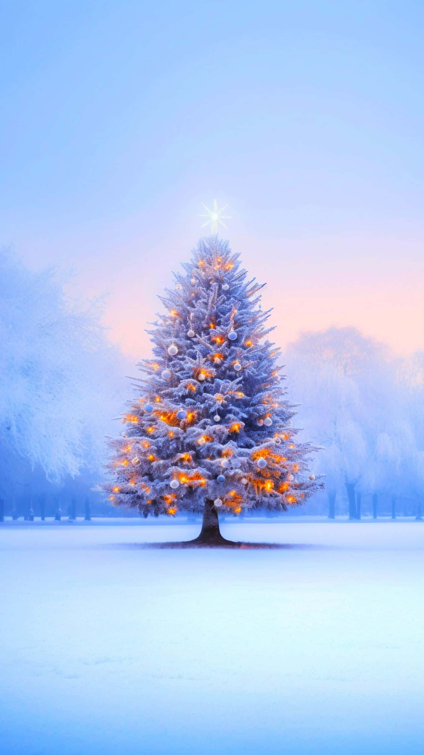 Christmas tree, snow-covered, glowing lights, 2K Phone Wallpaper