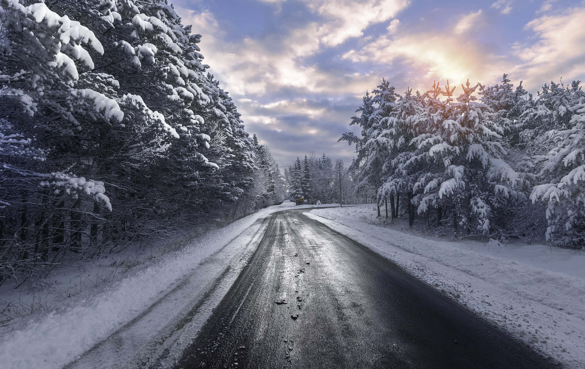 snowy road, winding road, snowy forest, Full HD Desktop Wallpaper