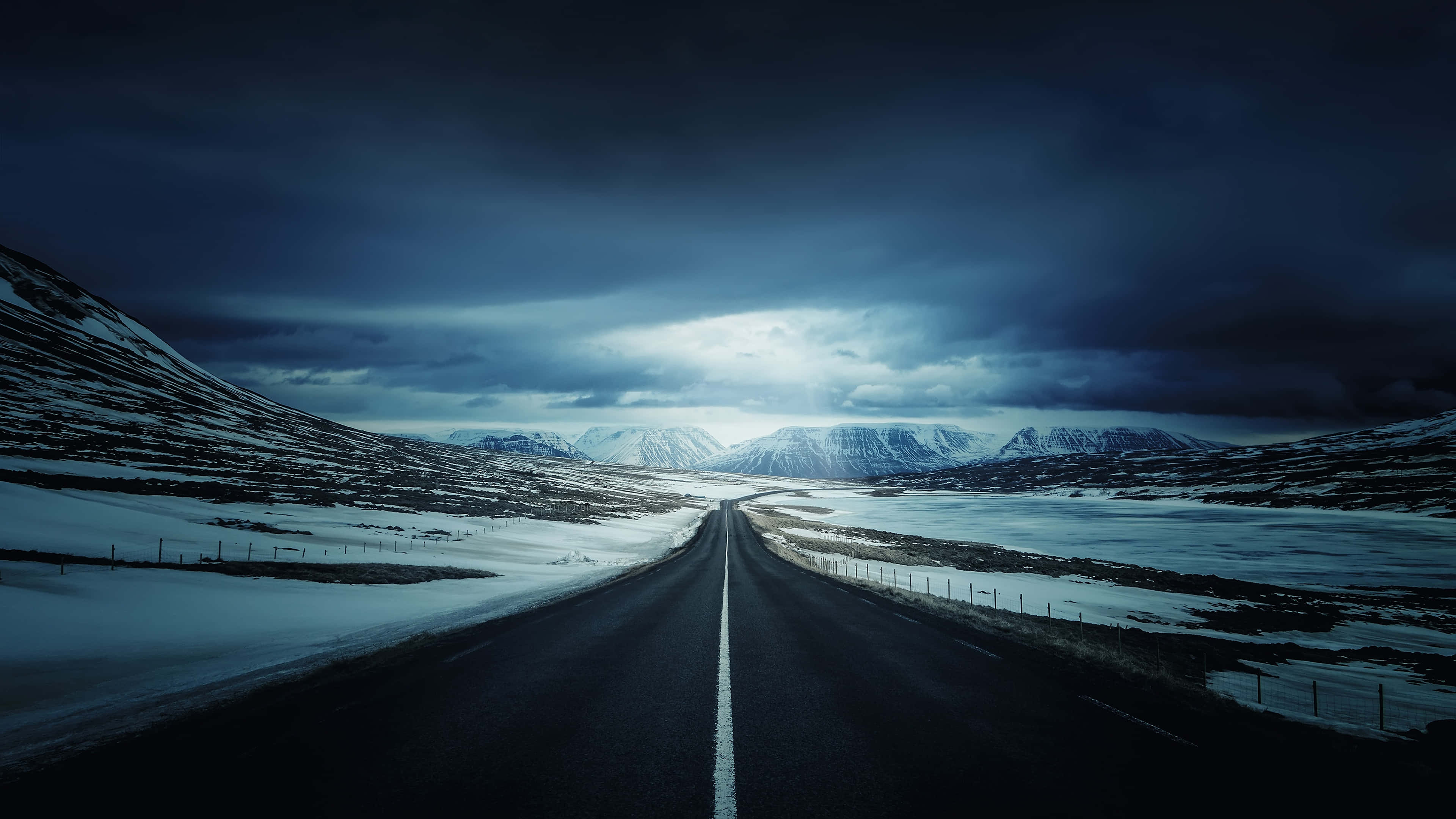 snowy road, asphalt road, snowy mountain valley, 4K Desktop Wallpaper