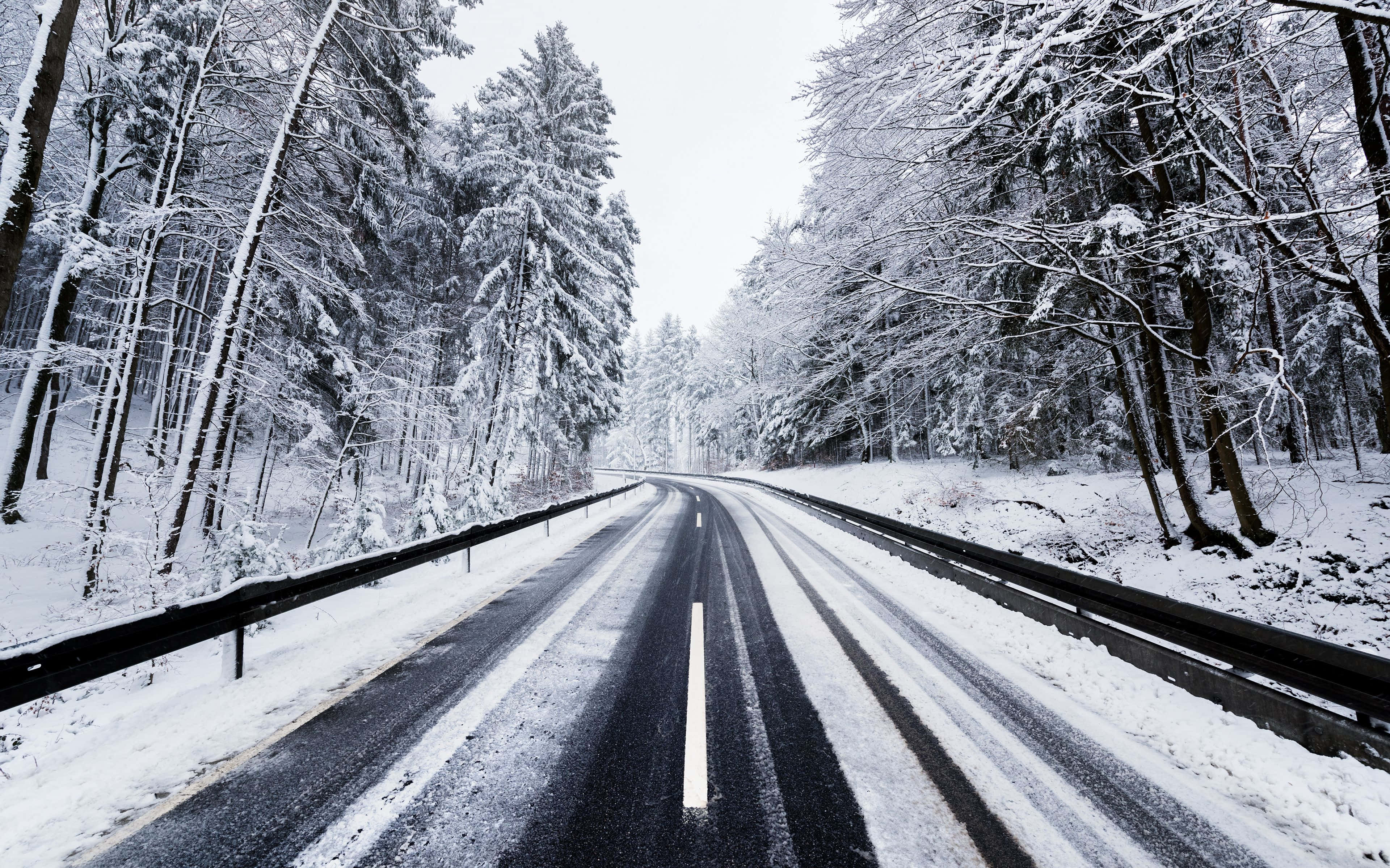 Snowy Road, winter forest, snow-dusted road, 4K Desktop Wallpaper