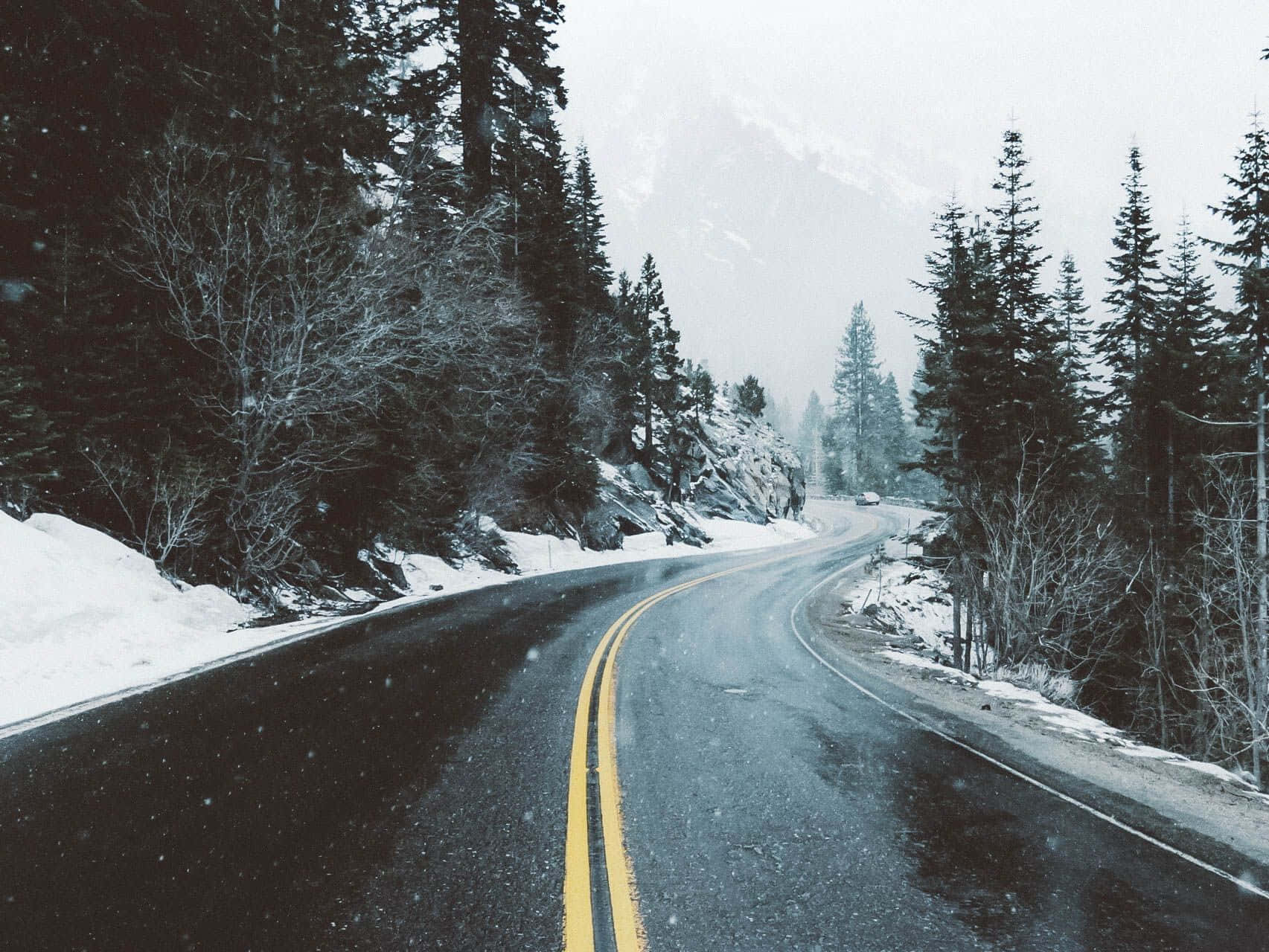 Snowy Road, winding snowy road, dense evergreen forest, HD Desktop Wallpaper