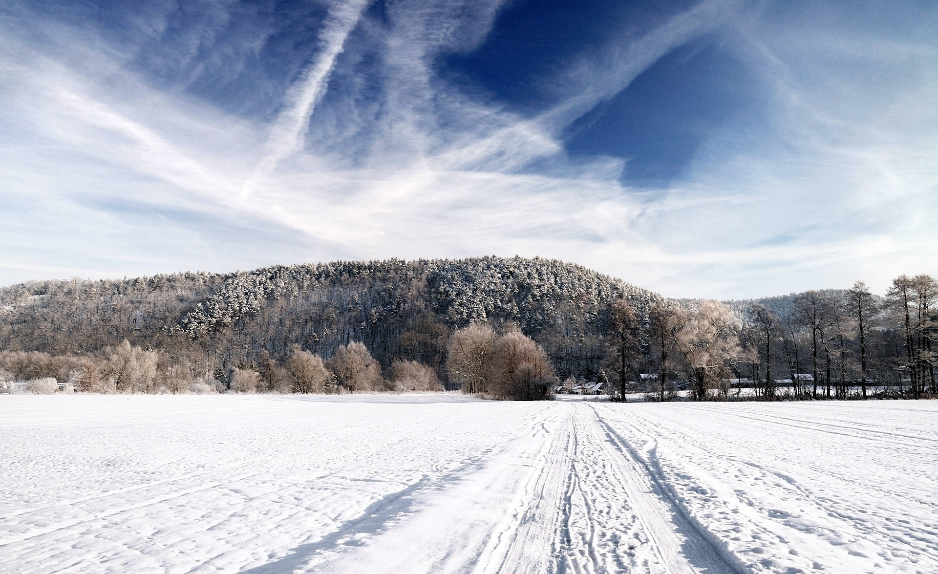 snowy country mountain road, snowy field, ski tracks, Full HD Desktop Wallpaper