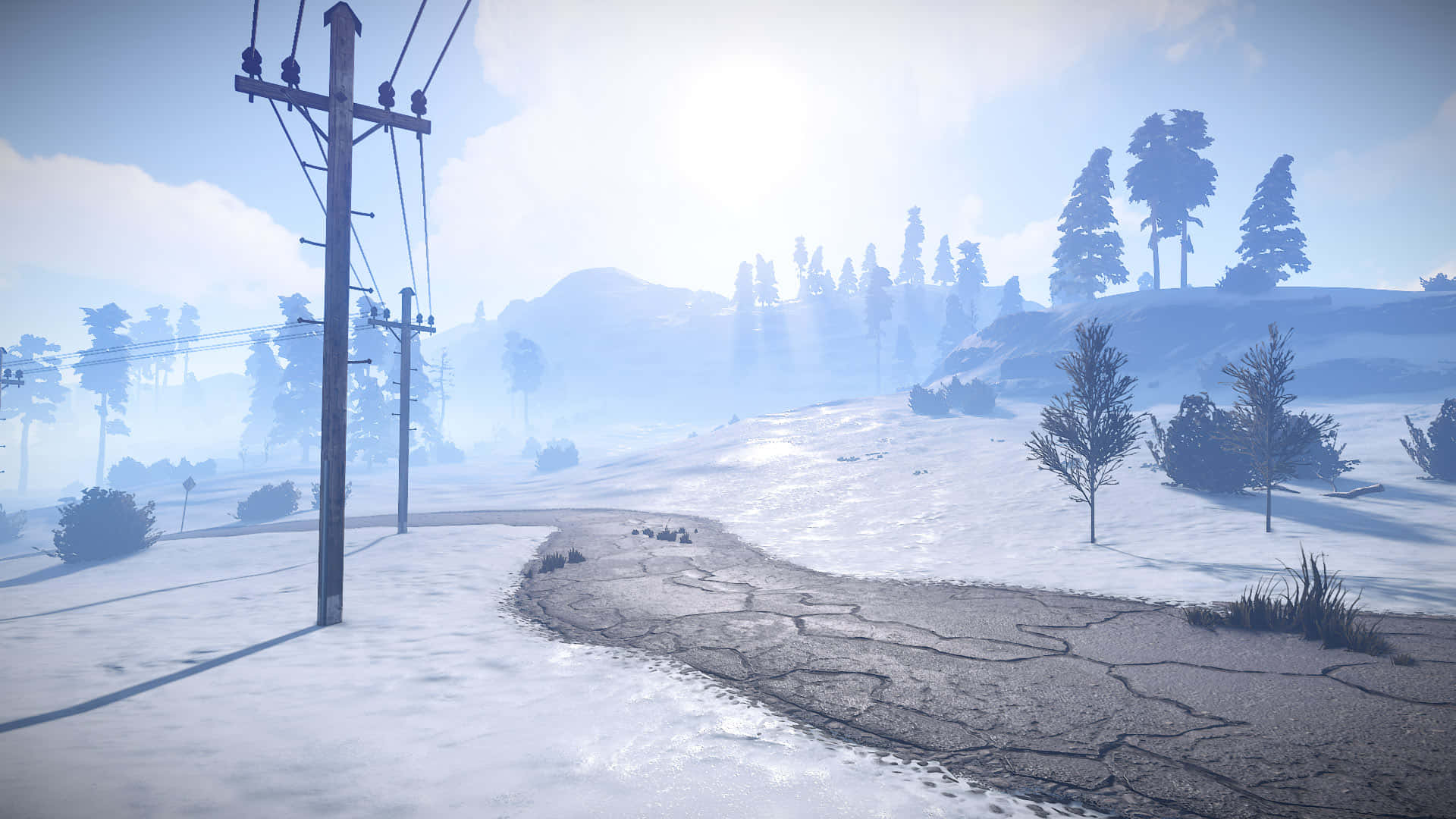 snowy mountain road, cracked asphalt, power lines, Full HD Desktop Wallpaper