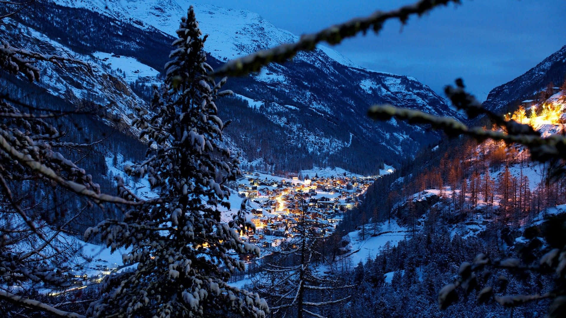Snowy Village, dusk, snow-covered mountain village, Full HD Desktop Wallpaper