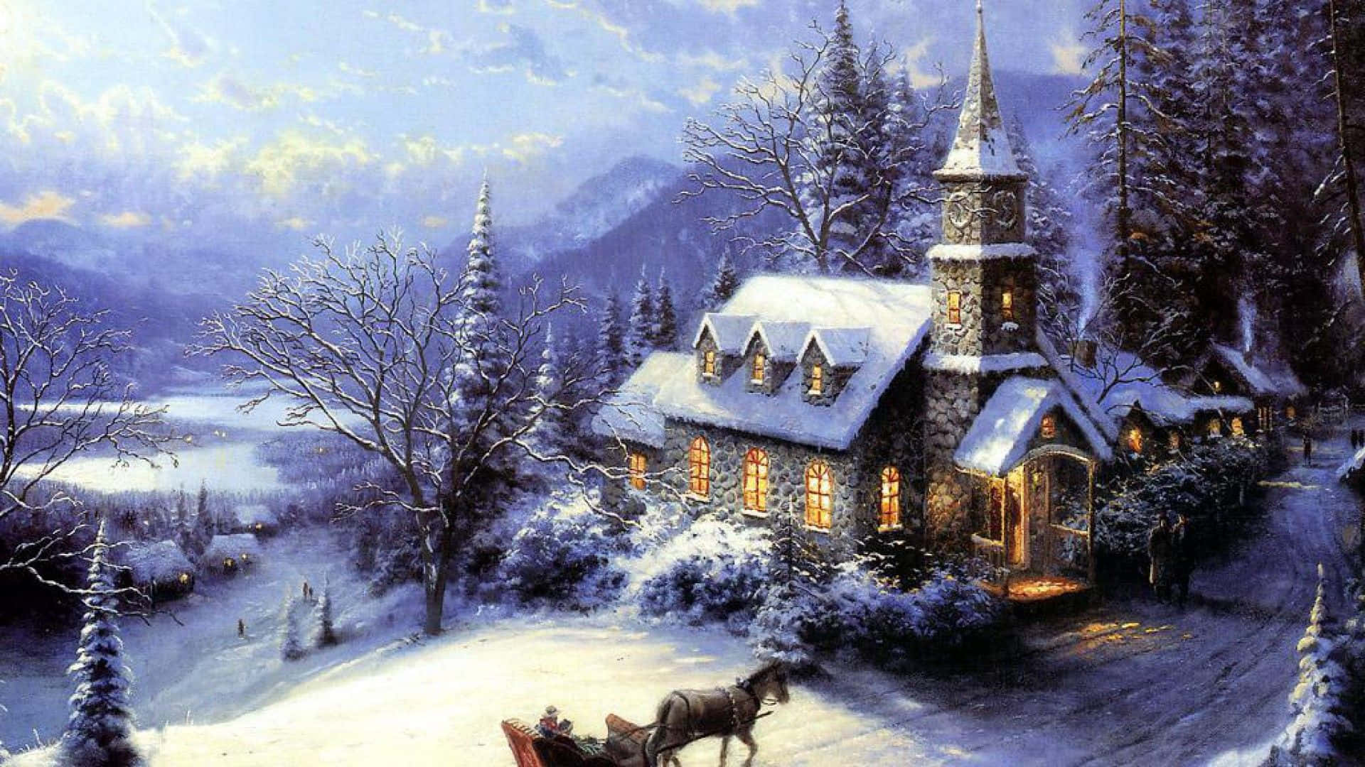 Snowy Village, stone church, warm glowing windows, Full HD Desktop Wallpaper
