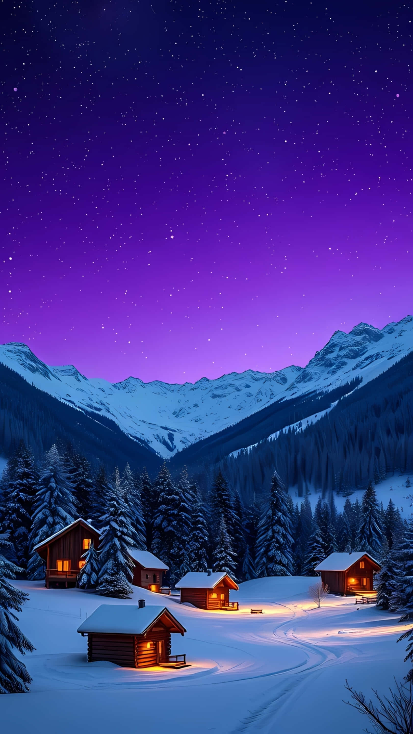 cozy winter cabins, starry night sky, snowy mountain, 2K Phone Wallpaper