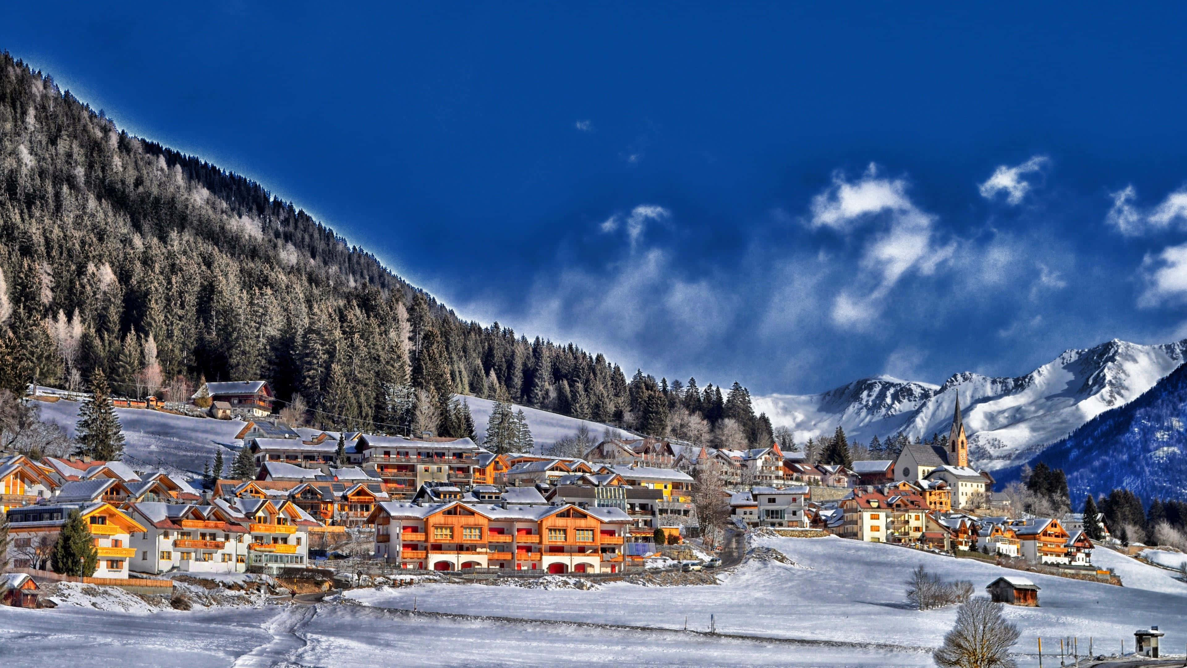 Snowy Village, alpine village, pine forests, 4K Desktop Wallpaper