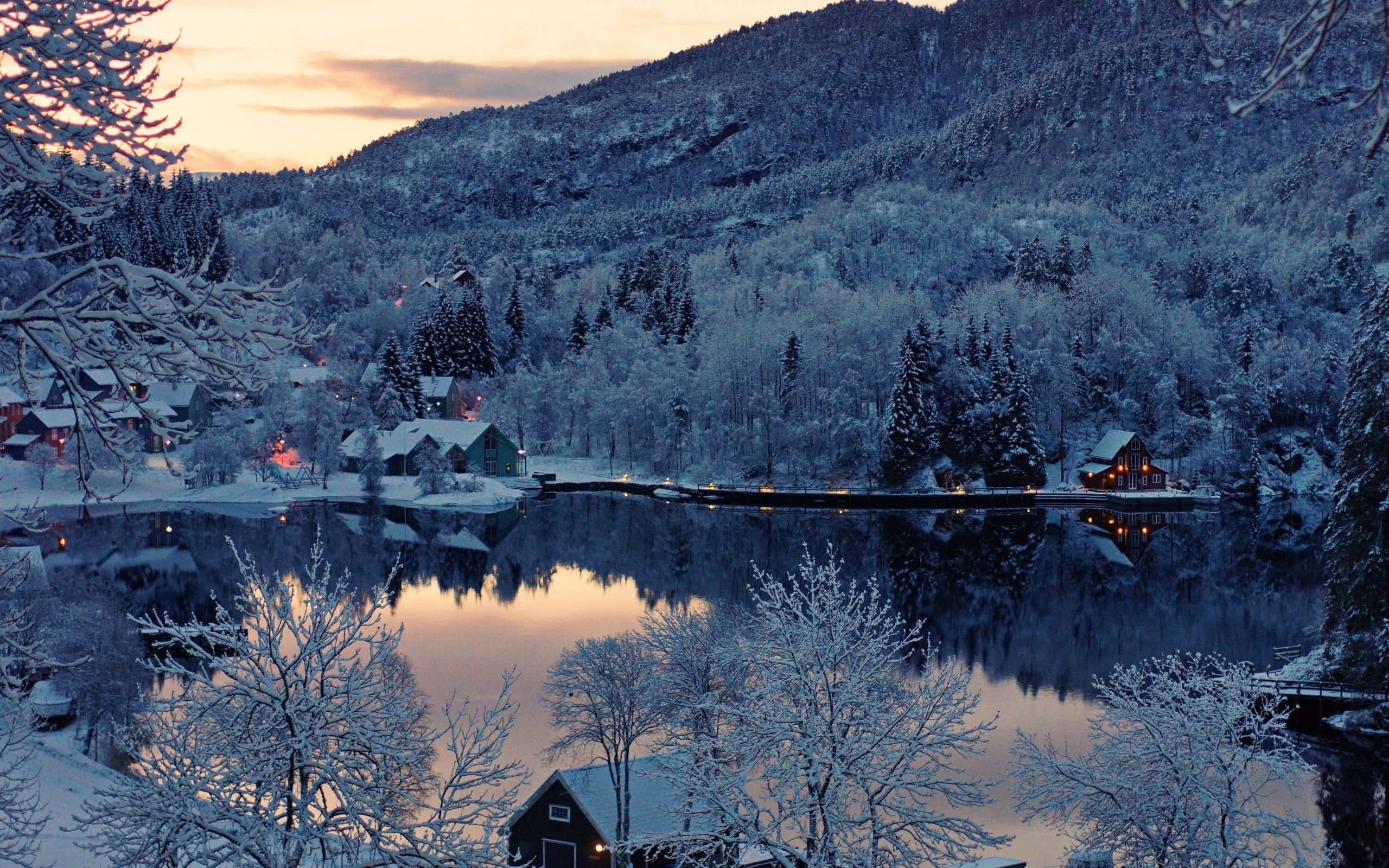 Snowy Village, twilight, snow-covered village, 2K Desktop Wallpaper