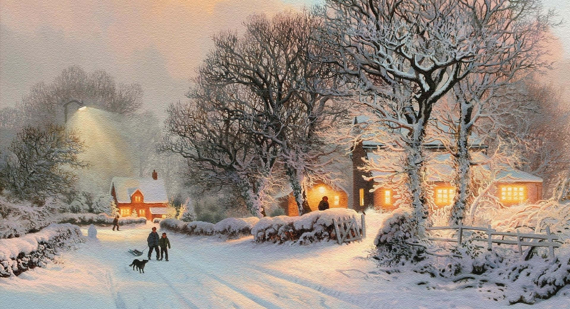 Snowy Village, dusk, snow blankets, Full HD Desktop Wallpaper