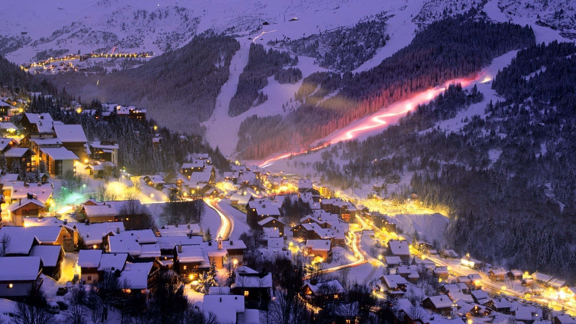 Snowy Village, 1920 x 1080, purple twilight sky, Full HD Desktop Wallpaper