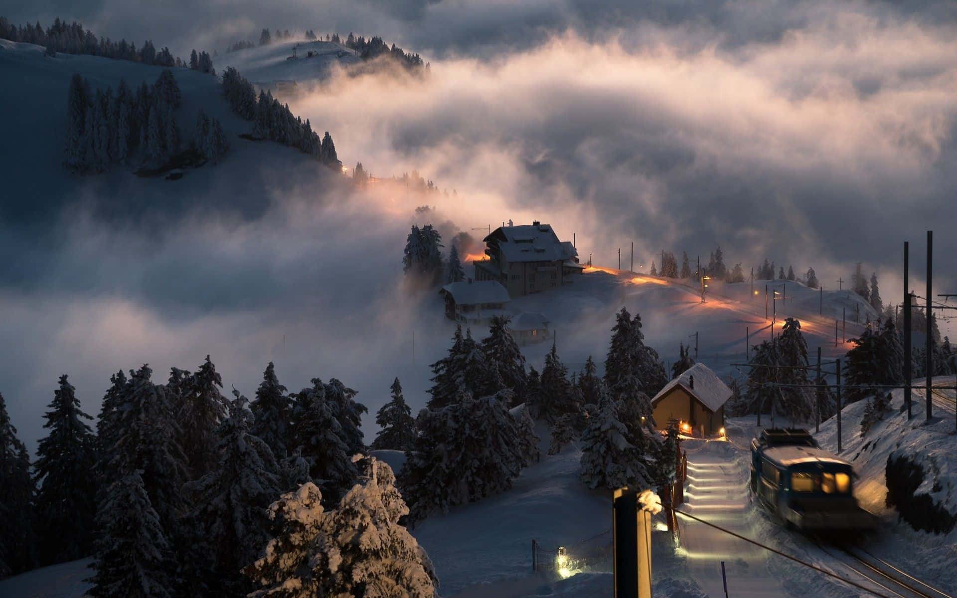 Snowy Village, snowy mountain station, train, Full HD Desktop Wallpaper