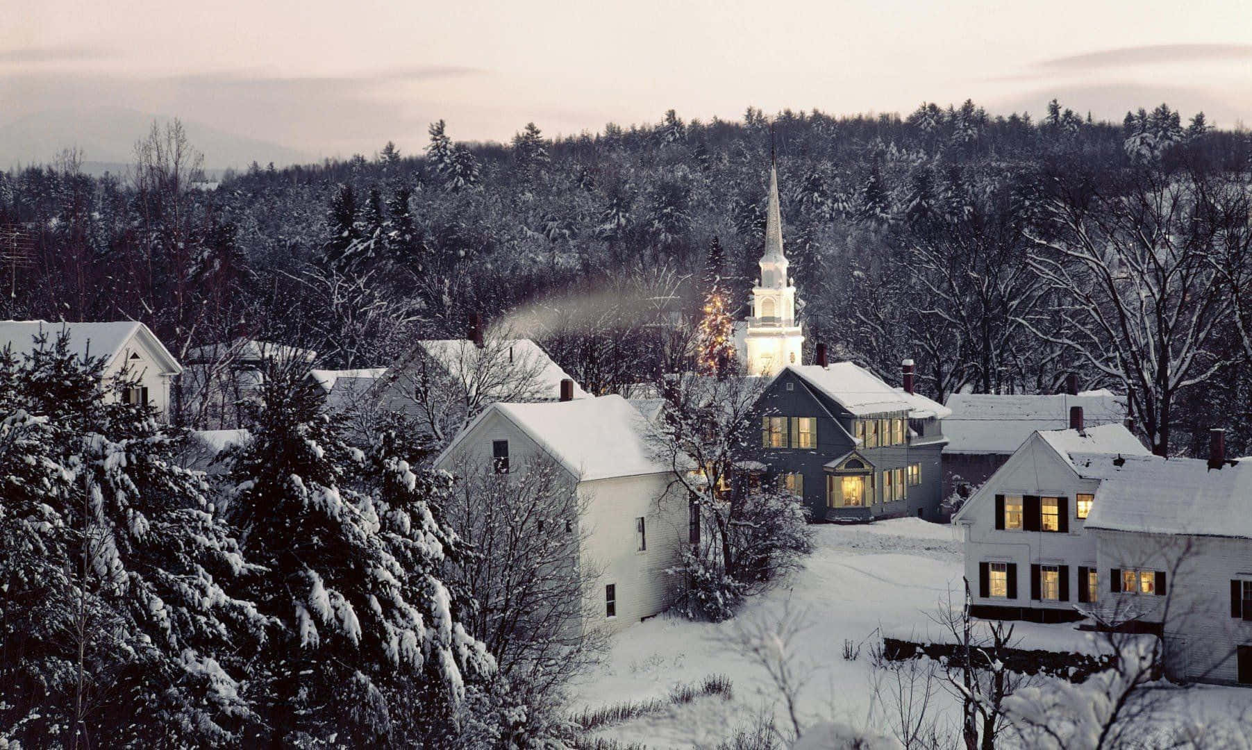Snowy Village, dusk, warm lights, HD Desktop Wallpaper