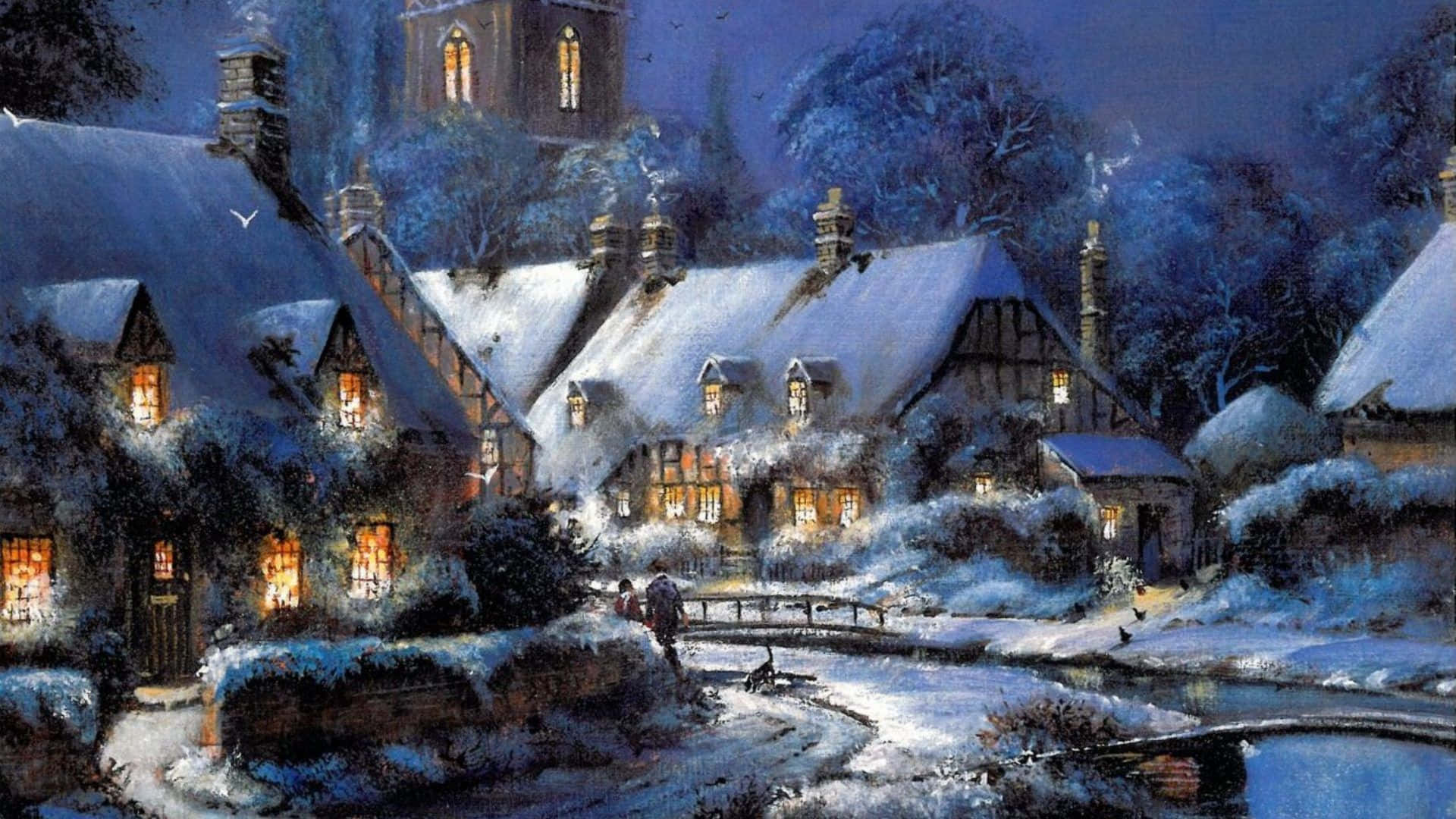 Snowy Village, twilight, quaint village, Full HD Desktop Wallpaper