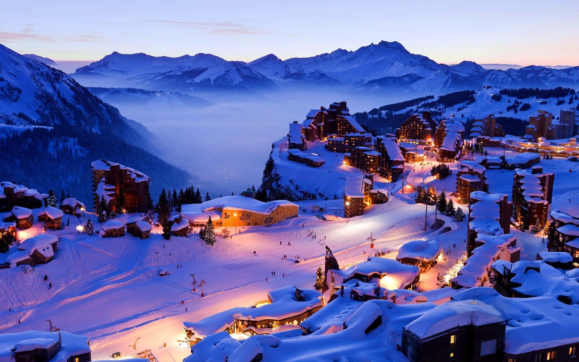 Snowy Village, twilight, misty peaks, Full HD Desktop Wallpaper