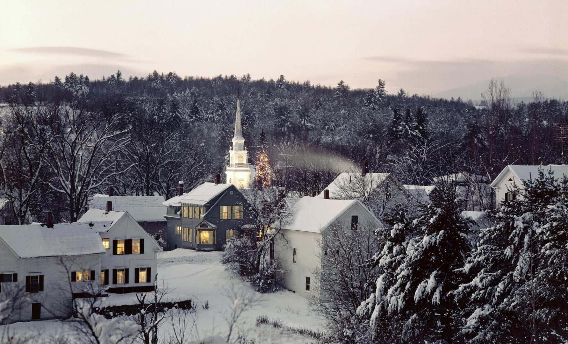 Snowy Village, dusk, warm lights, Full HD Desktop Wallpaper