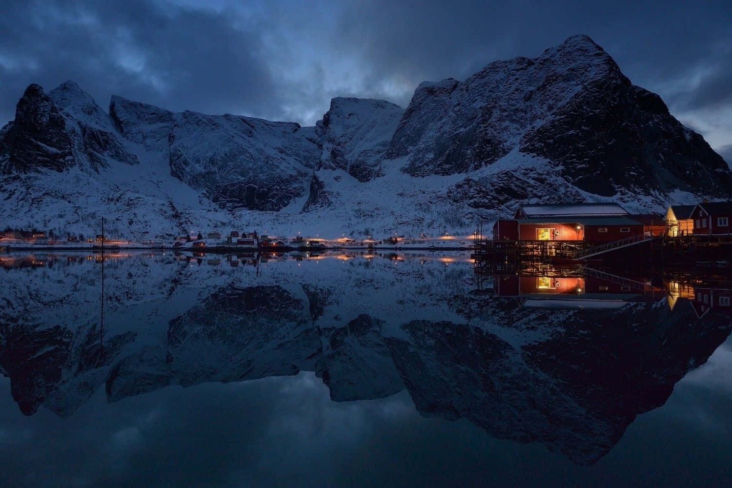 Snowy Village, twilight, snowcapped mountains, HD Desktop Wallpaper