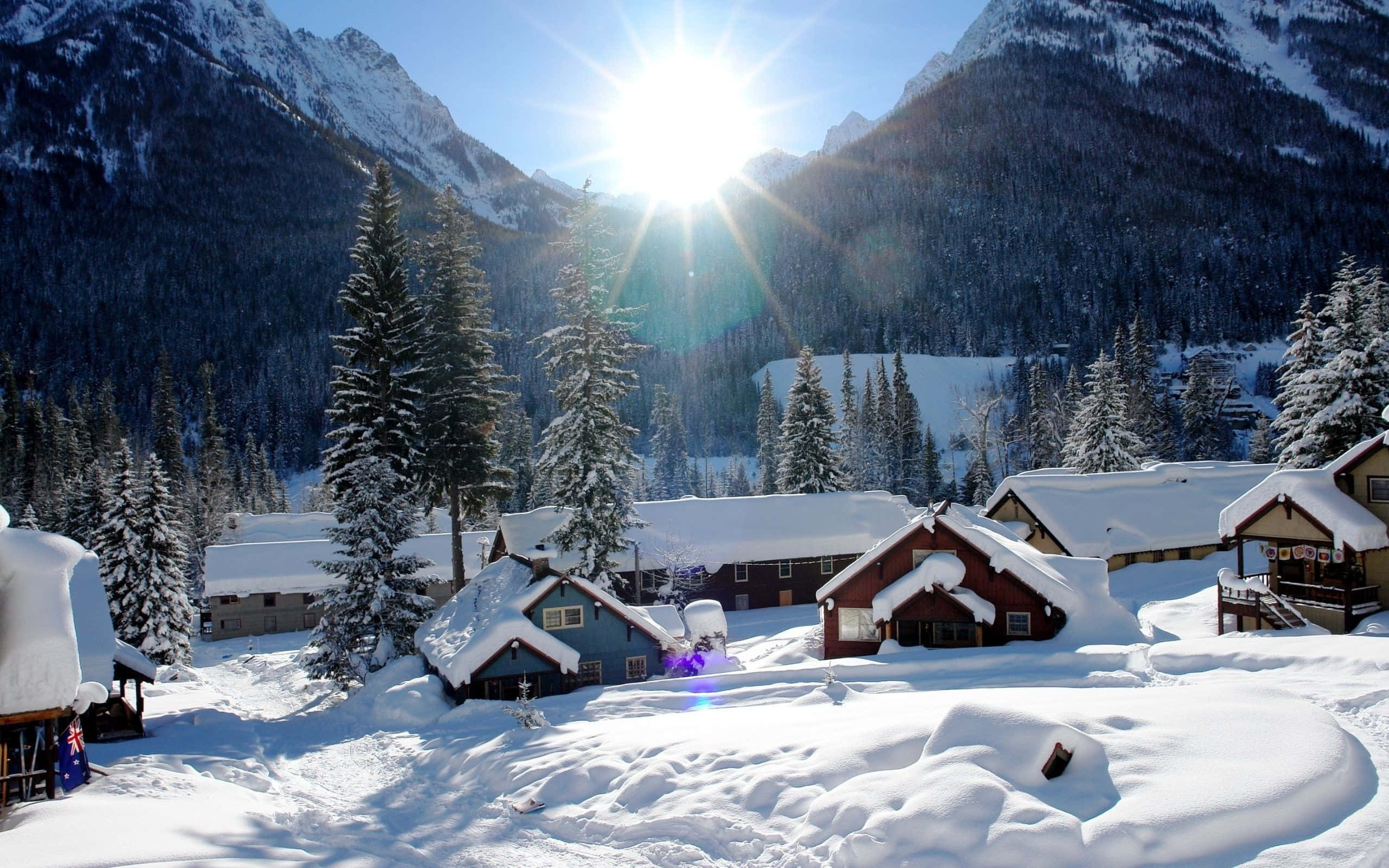Snowy Village, alpine valley, evergreen trees, 2K Desktop Wallpaper