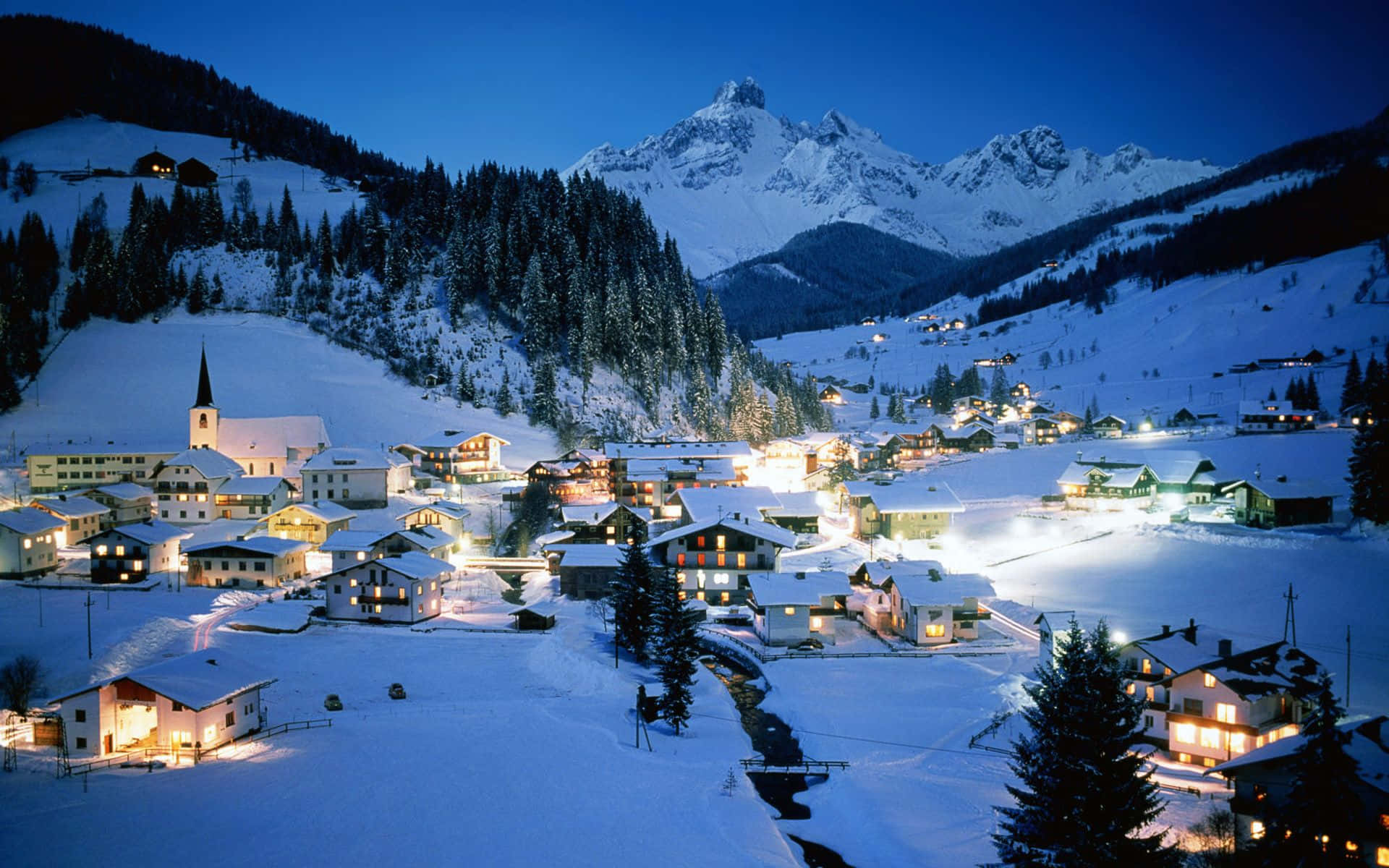 Snowy Village, dusk, snow-covered mountain village, Full HD Desktop Wallpaper