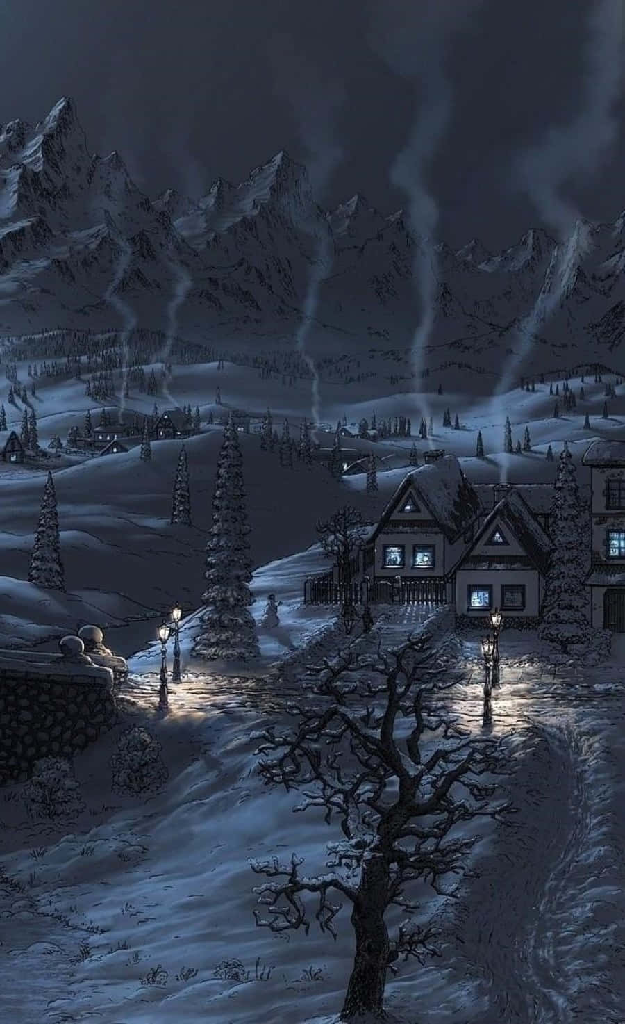 Snowy Village, night, snow-covered mountain village, HD Phone Wallpaper
