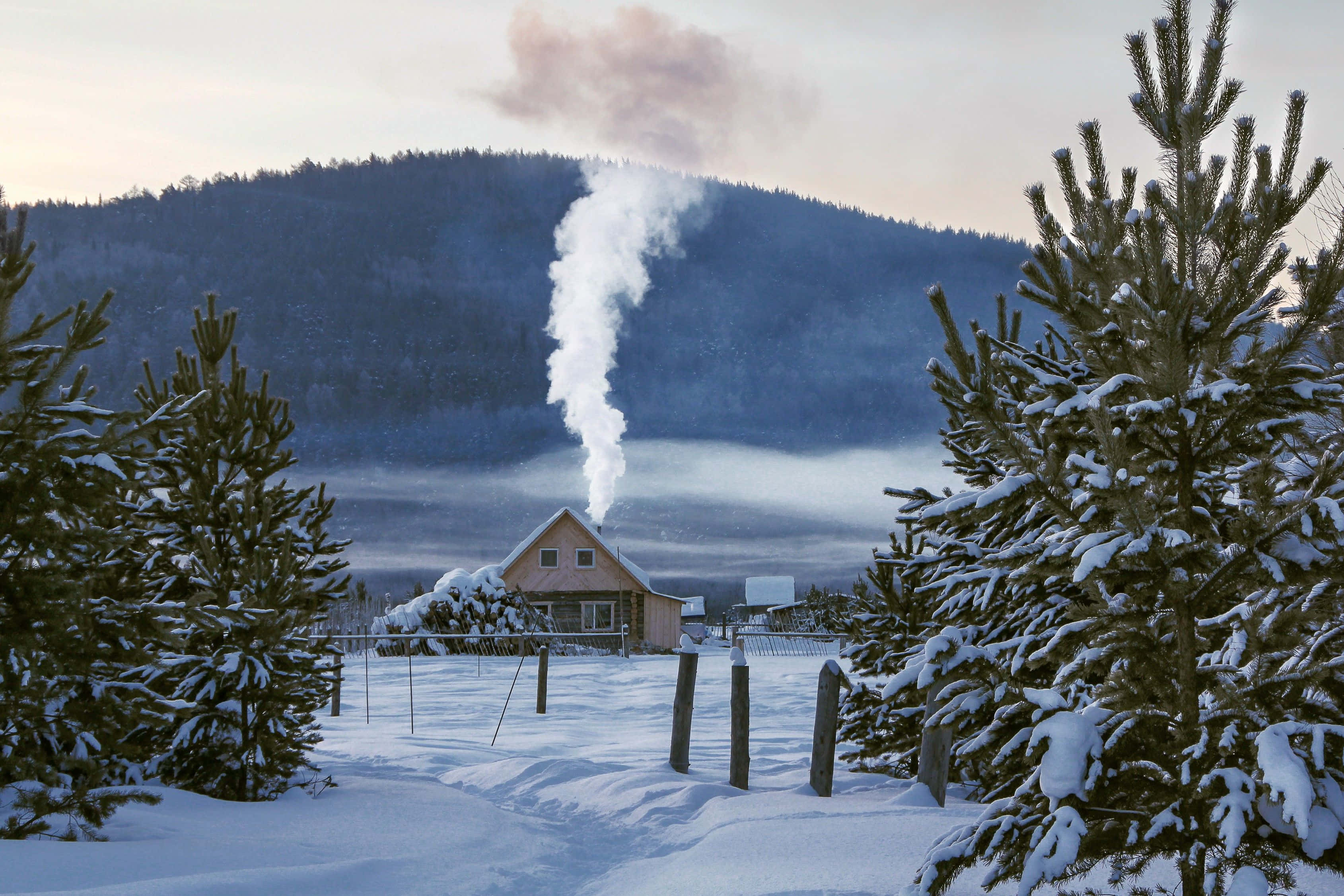 Snowy Village, cabin, winter mountain backdrop, 2K Desktop Wallpaper
