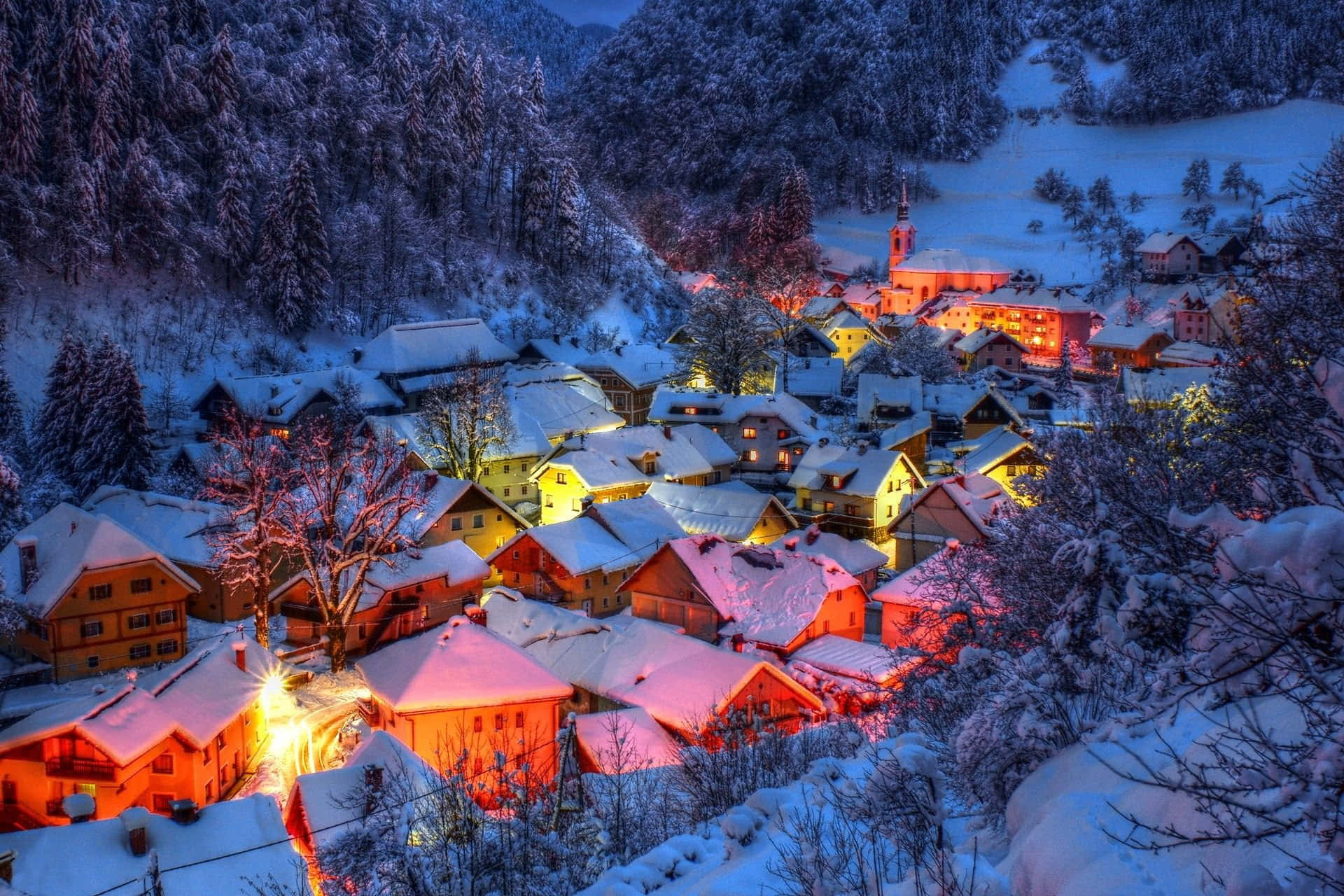 Snowy Village, twilight, mountain village, Full HD Desktop Wallpaper