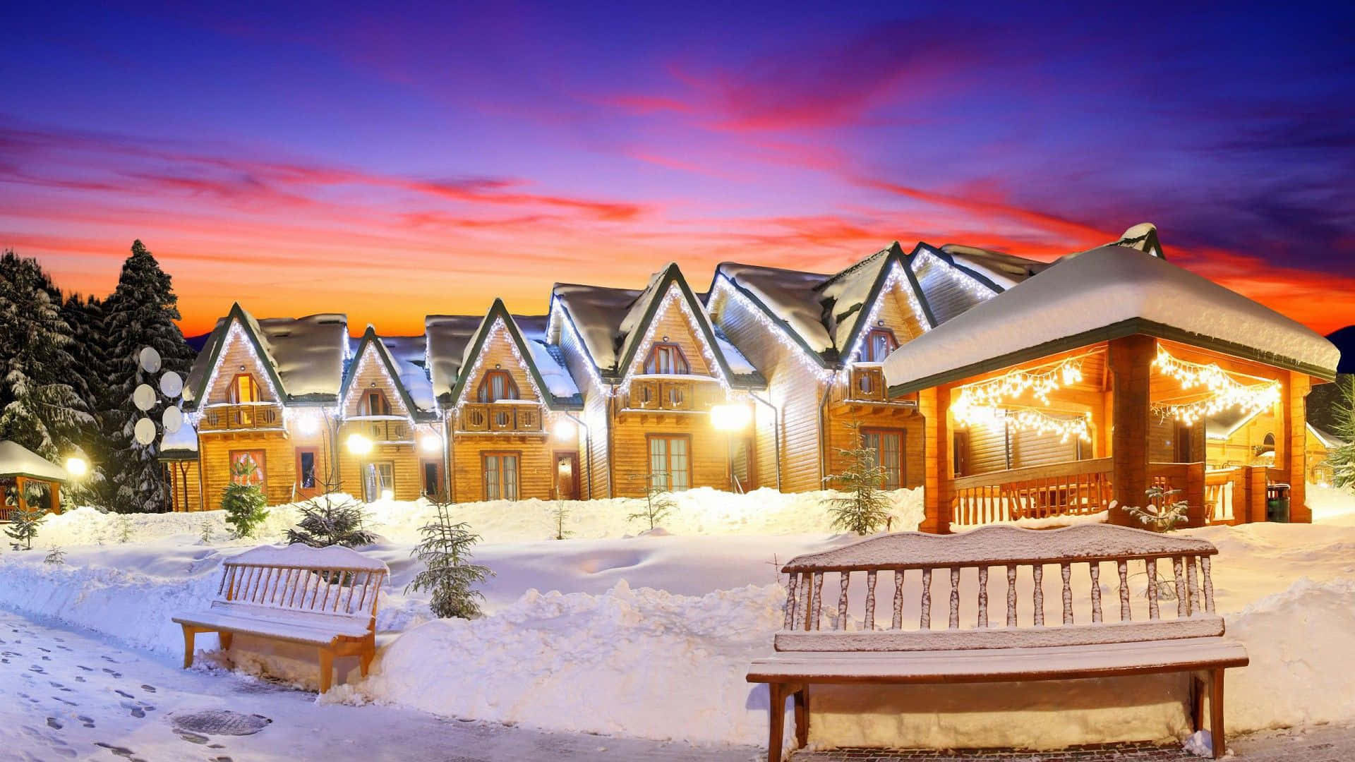 Snowy Village, twilight sky, purple, Full HD Desktop Wallpaper