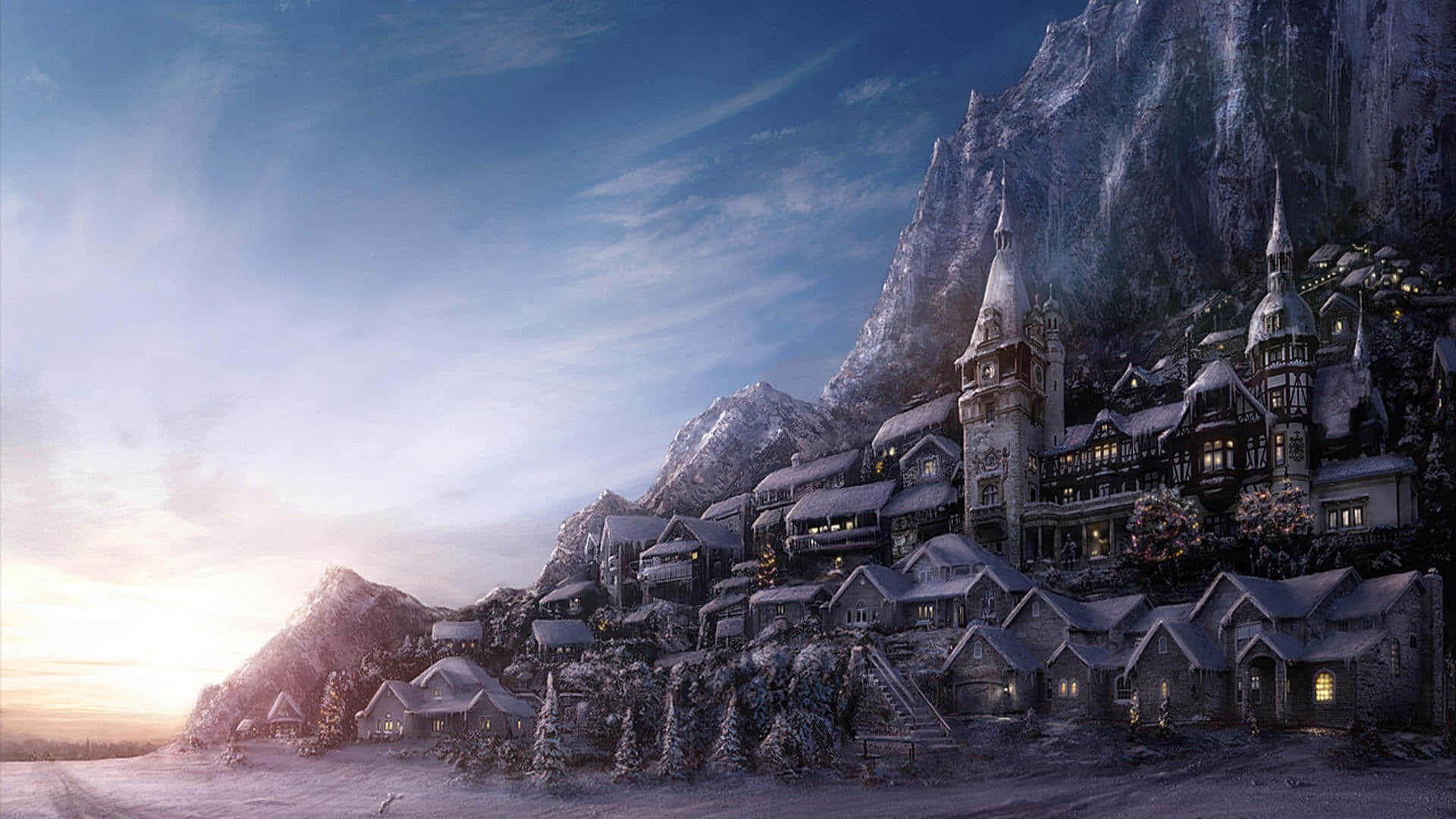 Snowy Village, dawn, snow-covered mountain village, Full HD Desktop Wallpaper