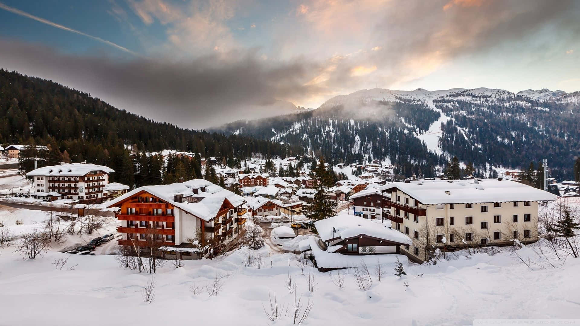 Snowy Village, alpine village, mountains, Full HD Desktop Wallpaper