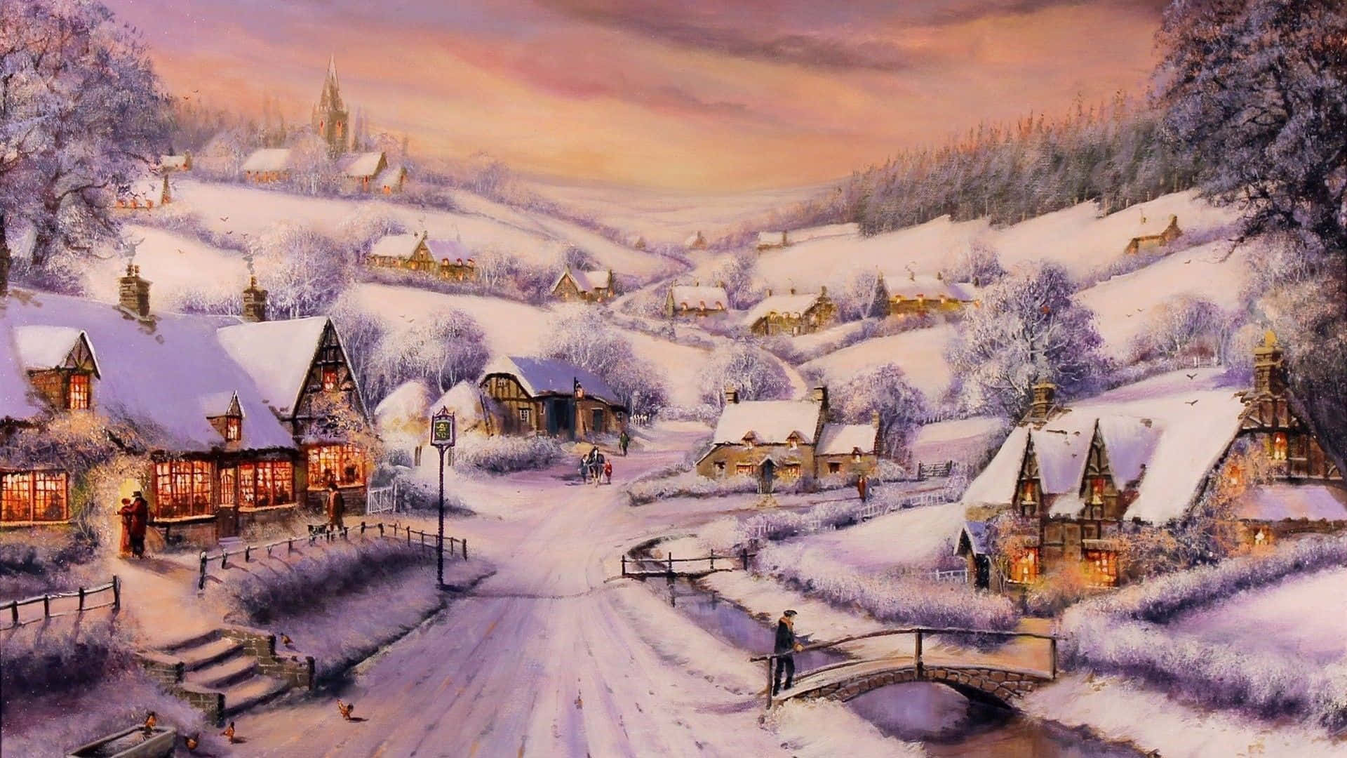 Snowy Village, winter hills, glowing windows, Full HD Desktop Wallpaper