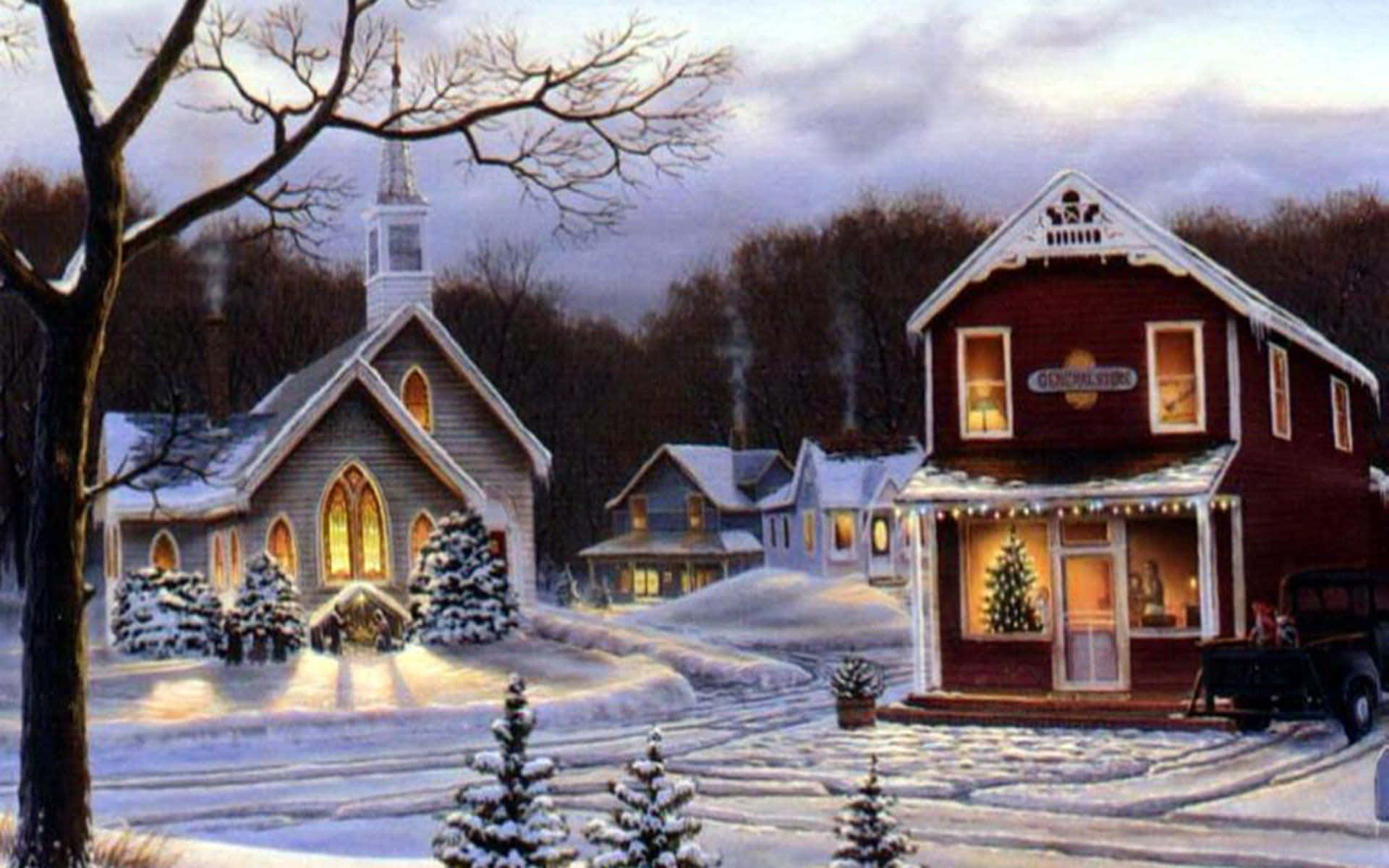 Snowy Village, dusk, lit church, Full HD Desktop Wallpaper