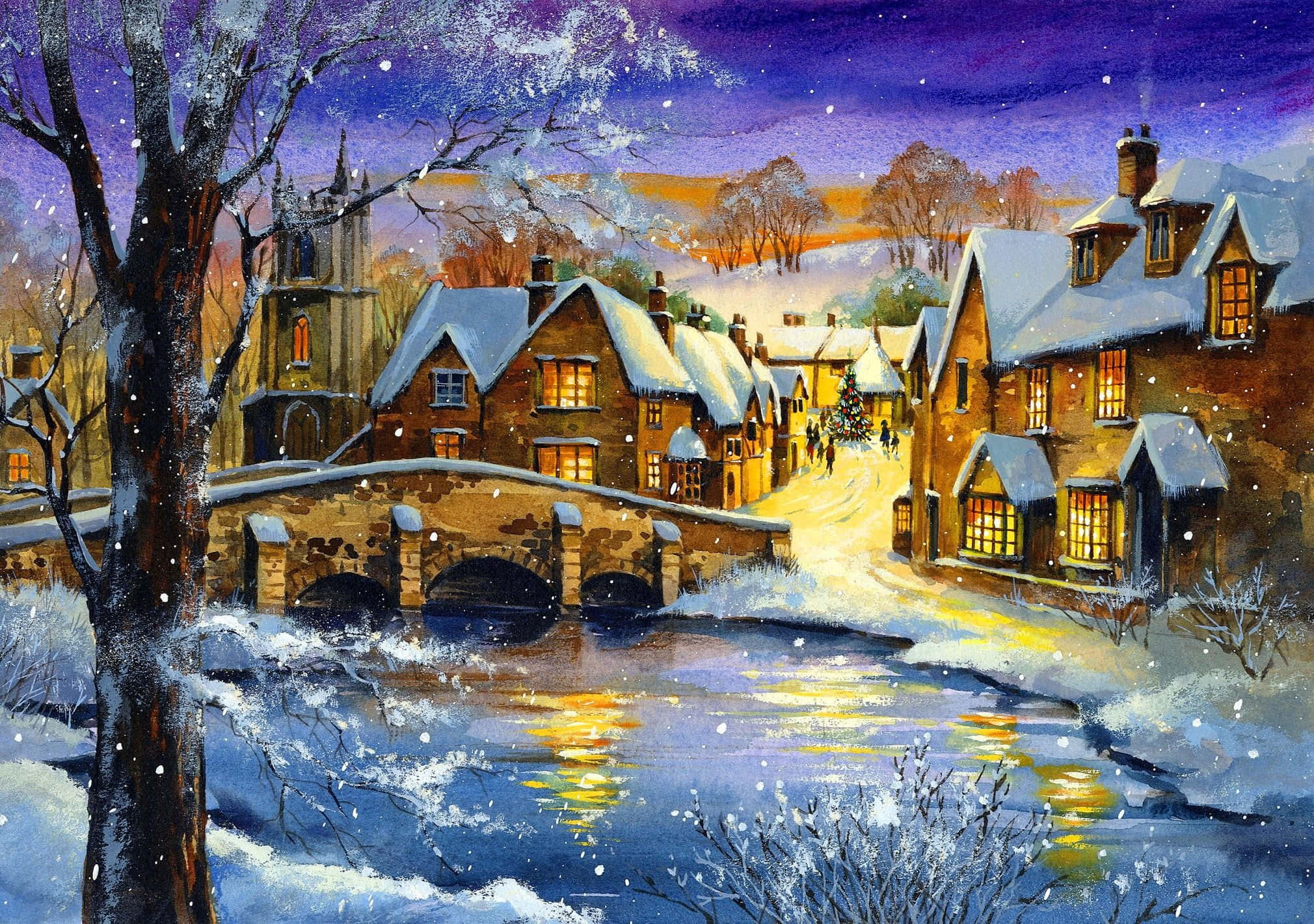 Snowy Village, twilight, frozen river, Full HD Desktop Wallpaper