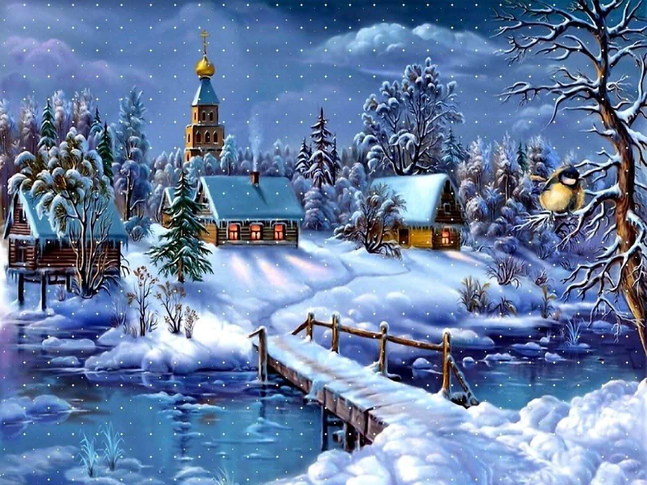 Snowy Village, frozen river, wooden bridge, HD Desktop Wallpaper
