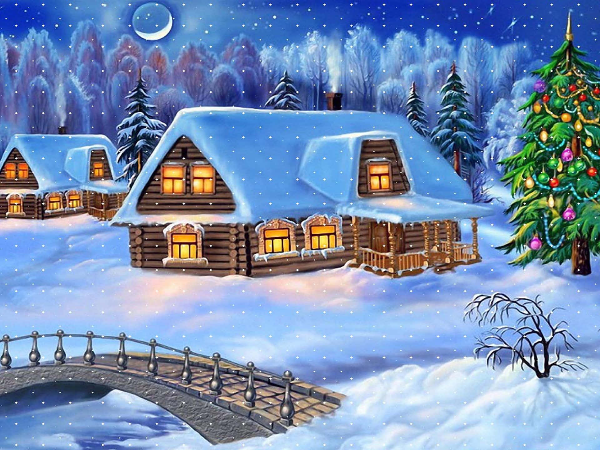 Snowy Village, log cabins, moonlit winter sky, Full HD Desktop Wallpaper