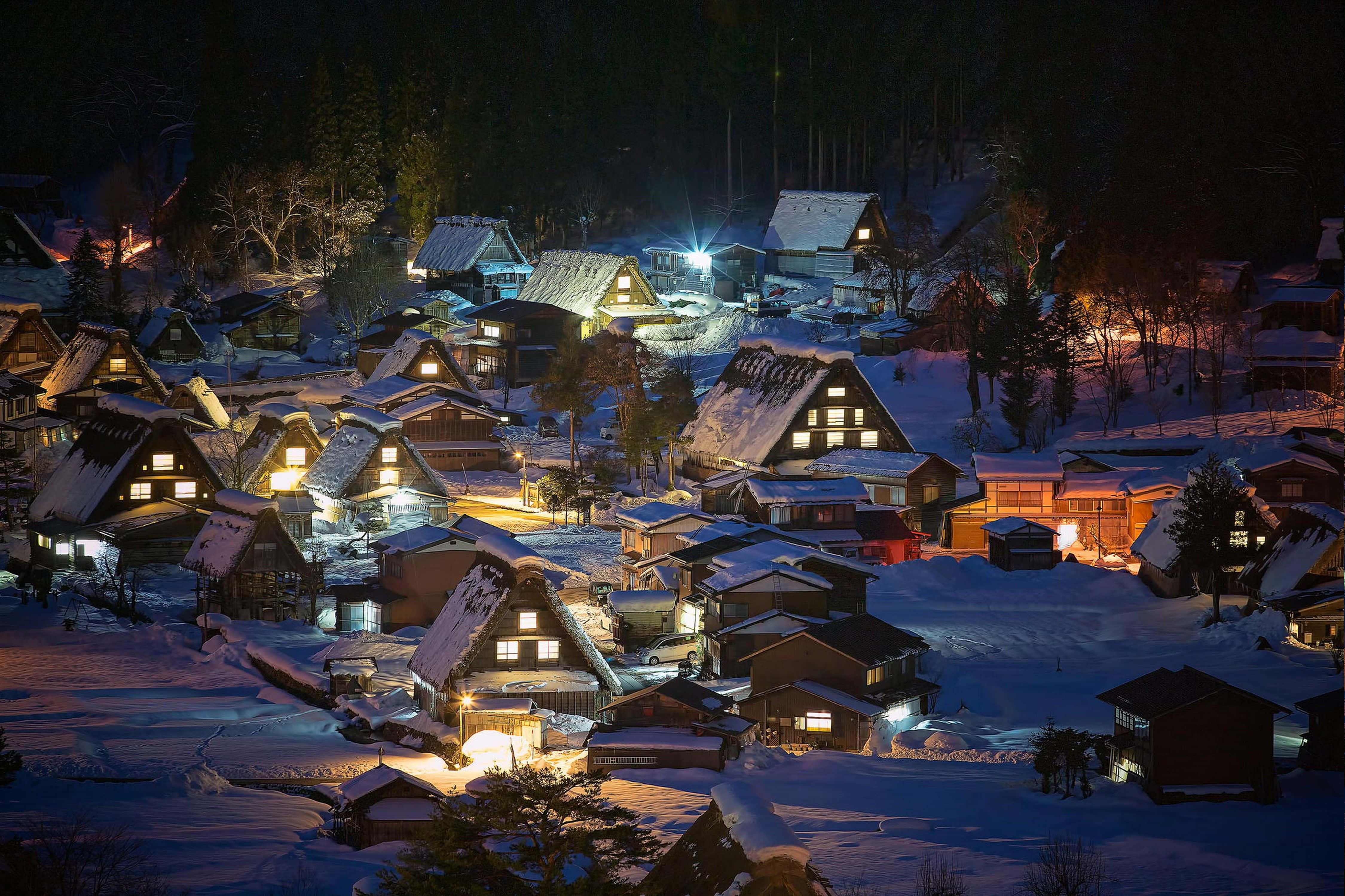 Snowy Village, Japanese village houses, night sky, 4K Desktop Wallpaper