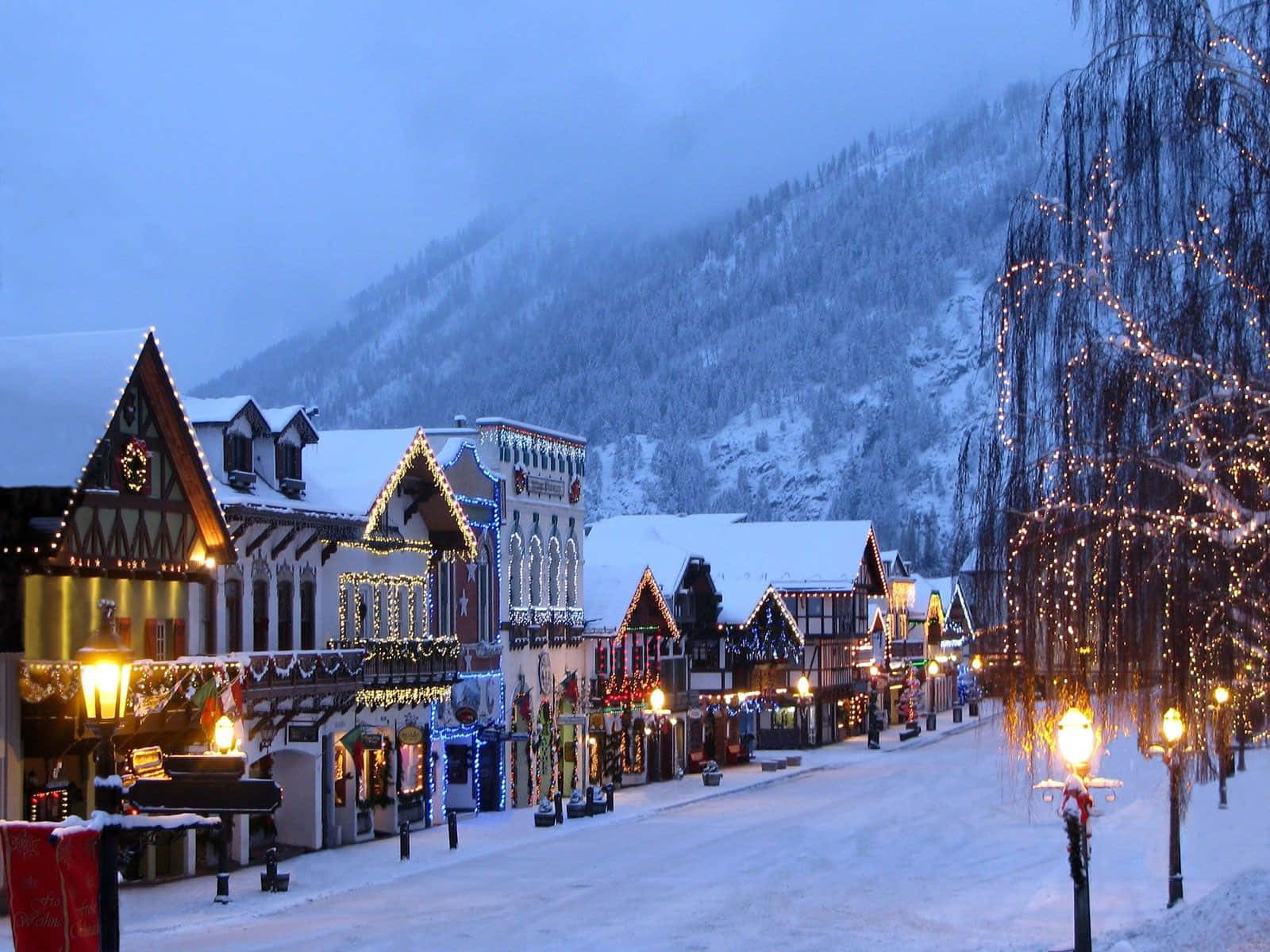 Snowy Village, alpine village, twilight sky, HD Desktop Wallpaper