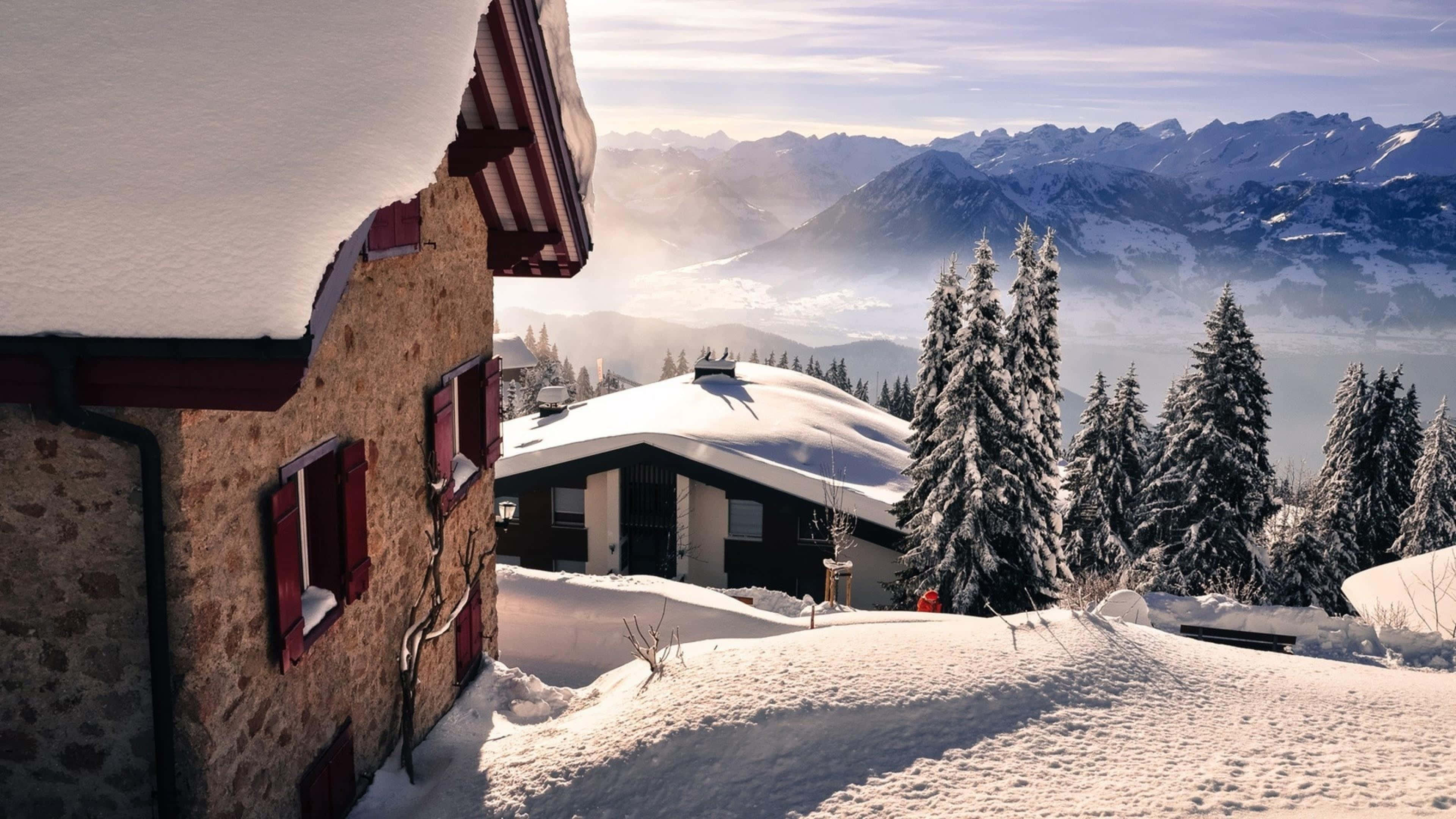 Snowy Village, 3840 x 2160, snow-covered stone chalet, 4K Desktop Wallpaper