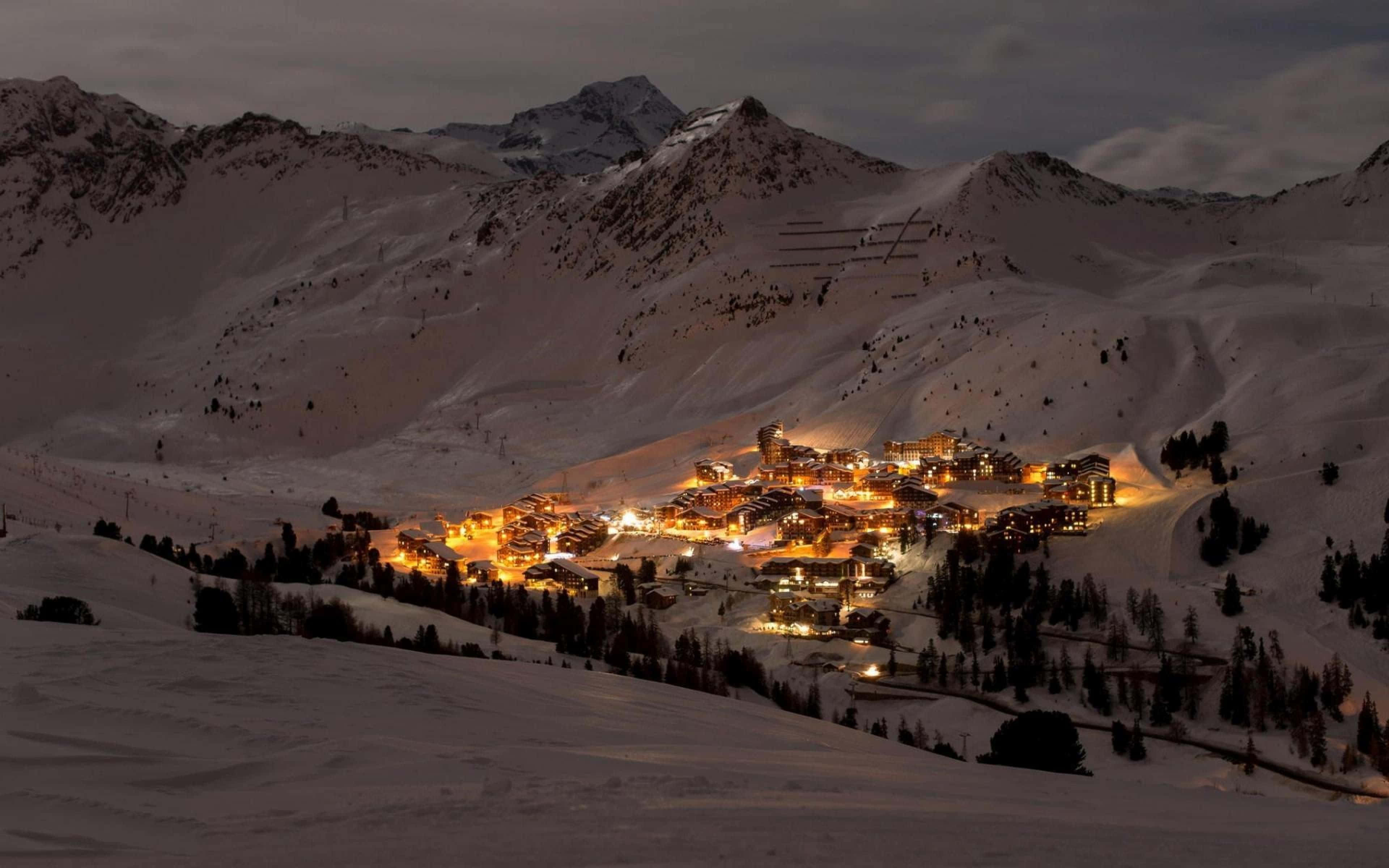 Snowy Village, dusk, snow-covered mountain village, 4K Desktop Wallpaper