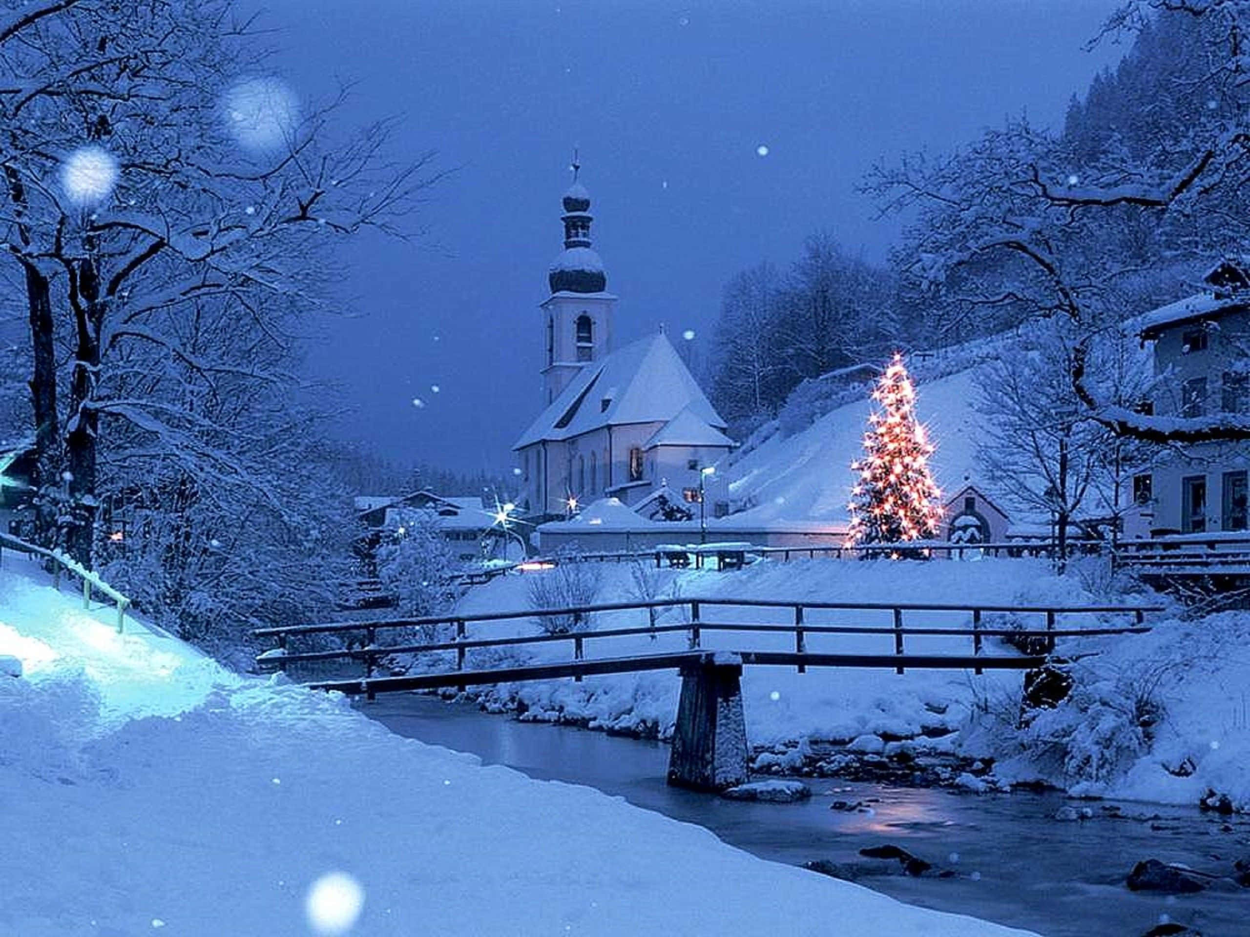Snowy Village, dusk, glowing Christmas tree, 2K Desktop Wallpaper